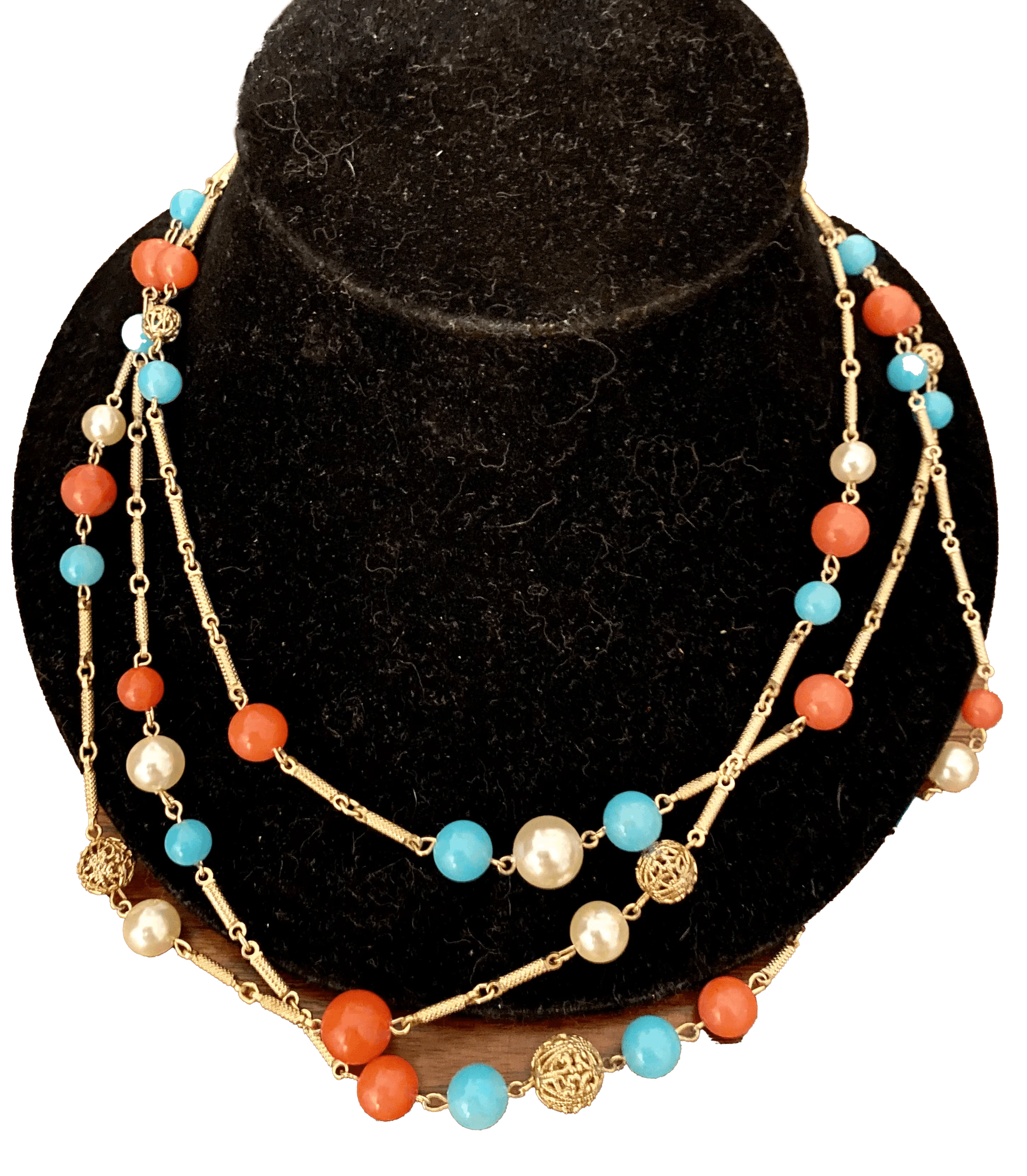 60s/70s Vtg Beaded Gold Colored 3 String Necklace Funky
