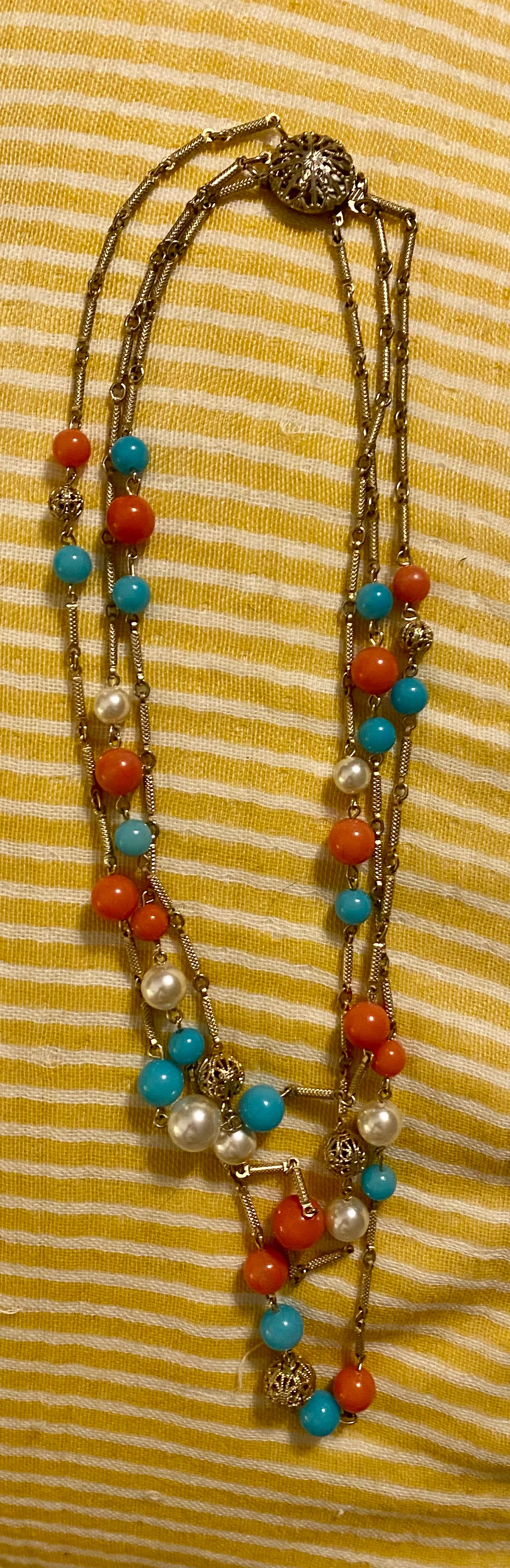 60s/70s Vtg Beaded Gold Colored 3 String Necklace Funky - Image 6