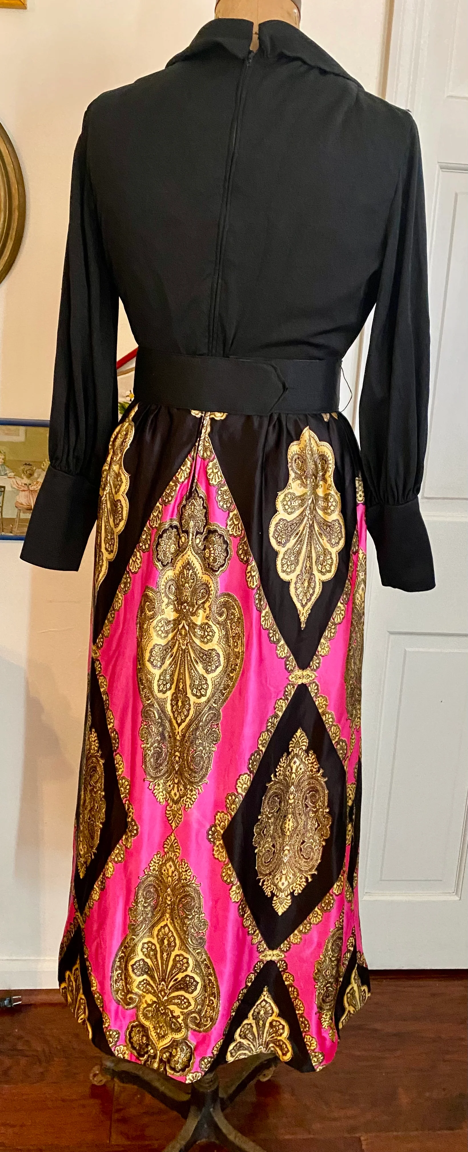 60s/70s Vtg Boho Chic Pink Gold Long Sleeve Maxi Dress - Image 6