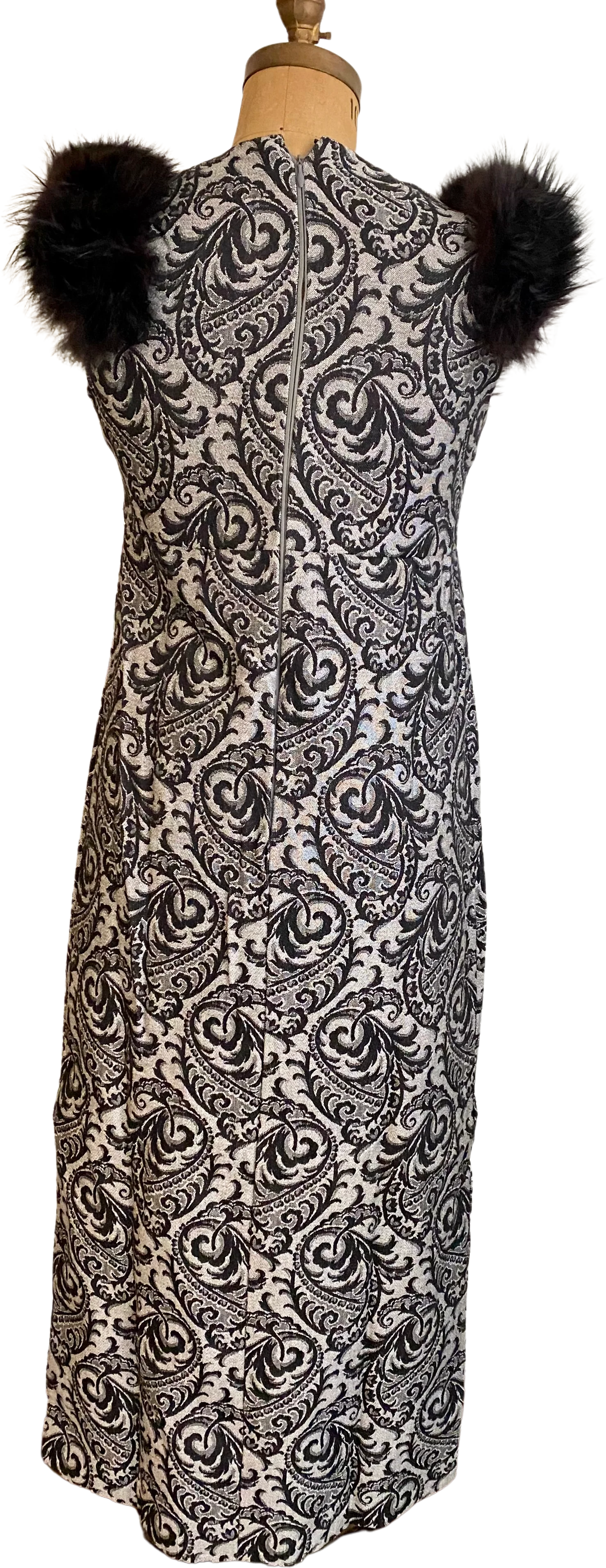 60s/70s Vtg Classy Tapestry Winter Gown Faux Fur Sleeves - Image 2