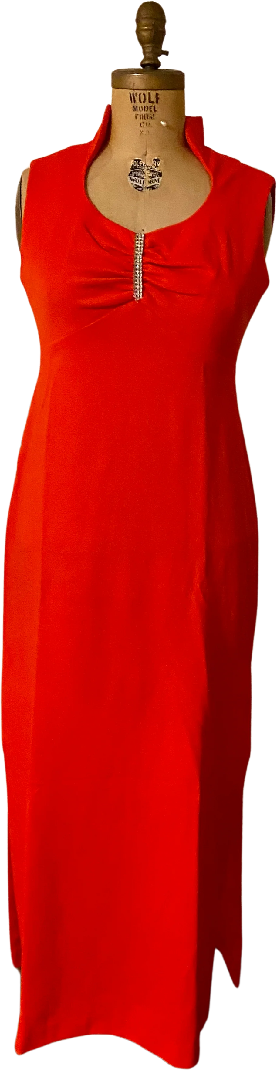 60s/70s Vtg Holiday Red Fitted Maxi Dress Gown W Collar