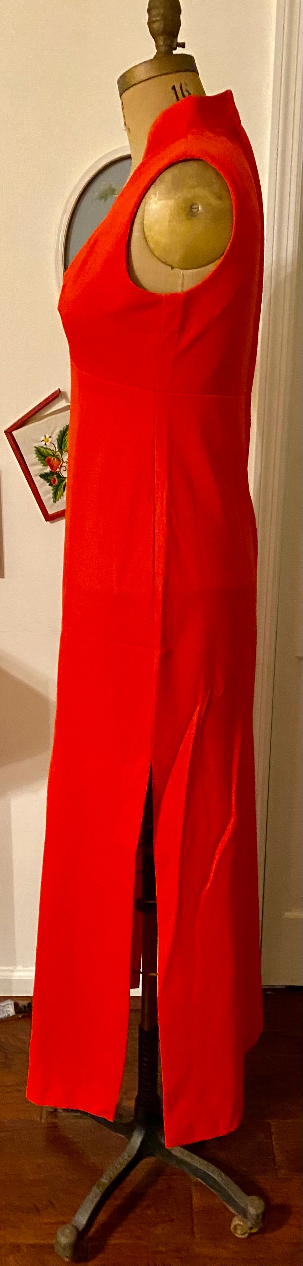 60s/70s Vtg Holiday Red Fitted Maxi Dress Gown W Collar - Image 7