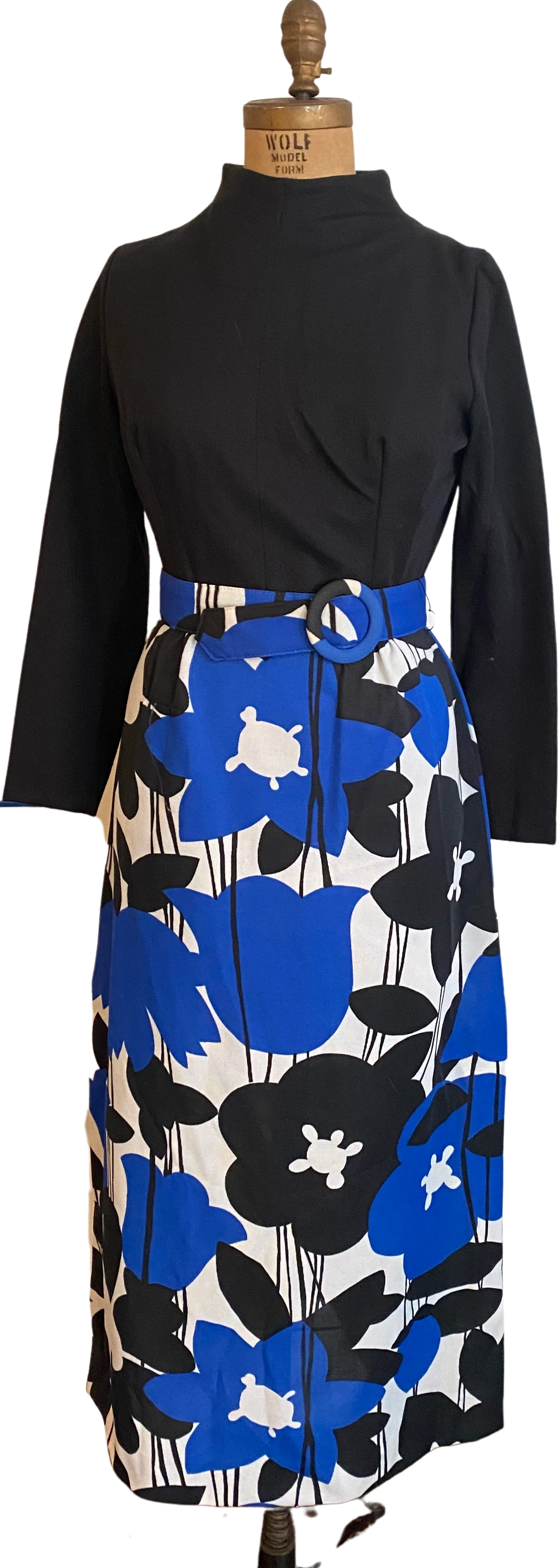 60s/70s Vtg Long Sleeved Blue Abstract Floral Maxi Dress