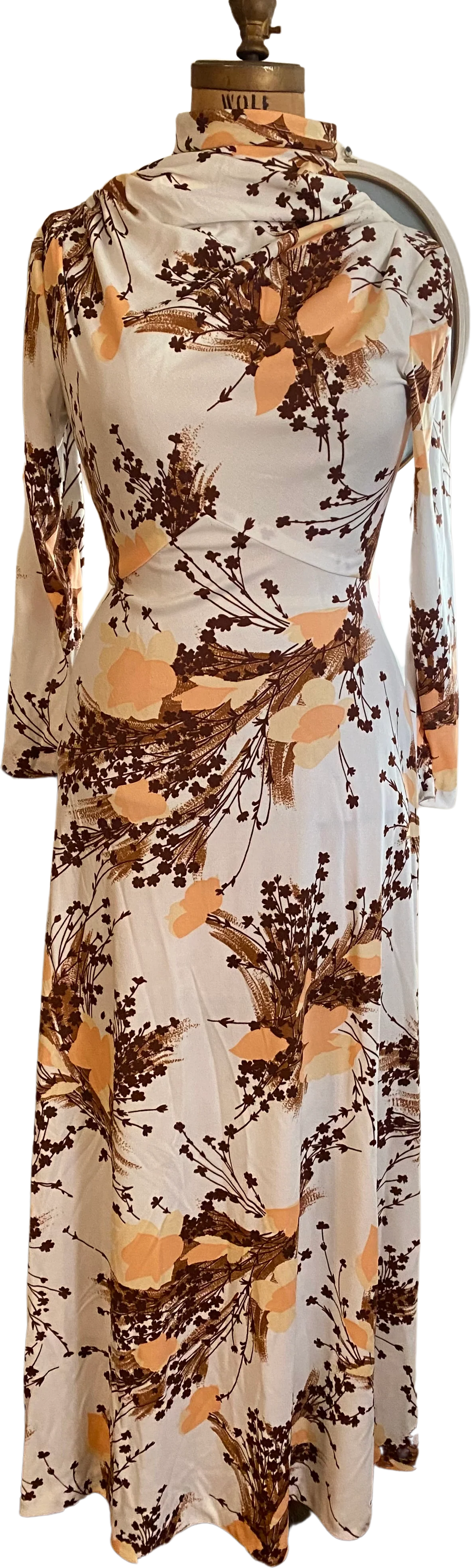 60s/70s Vtg Muted Fall Long Sleeve Turtle Neck Maxi Dress