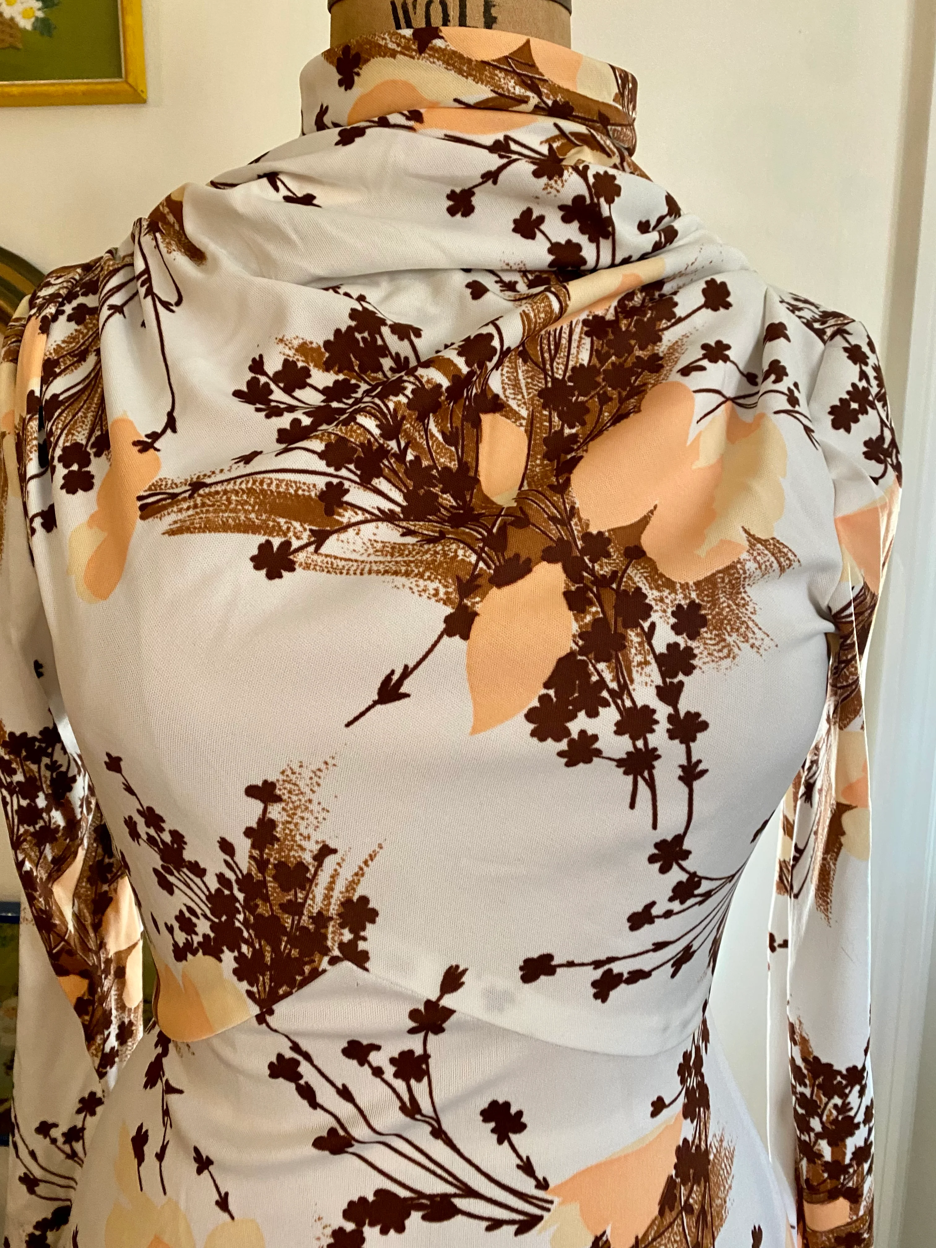 60s/70s Vtg Muted Fall Long Sleeve Turtle Neck Maxi Dress - Image 3