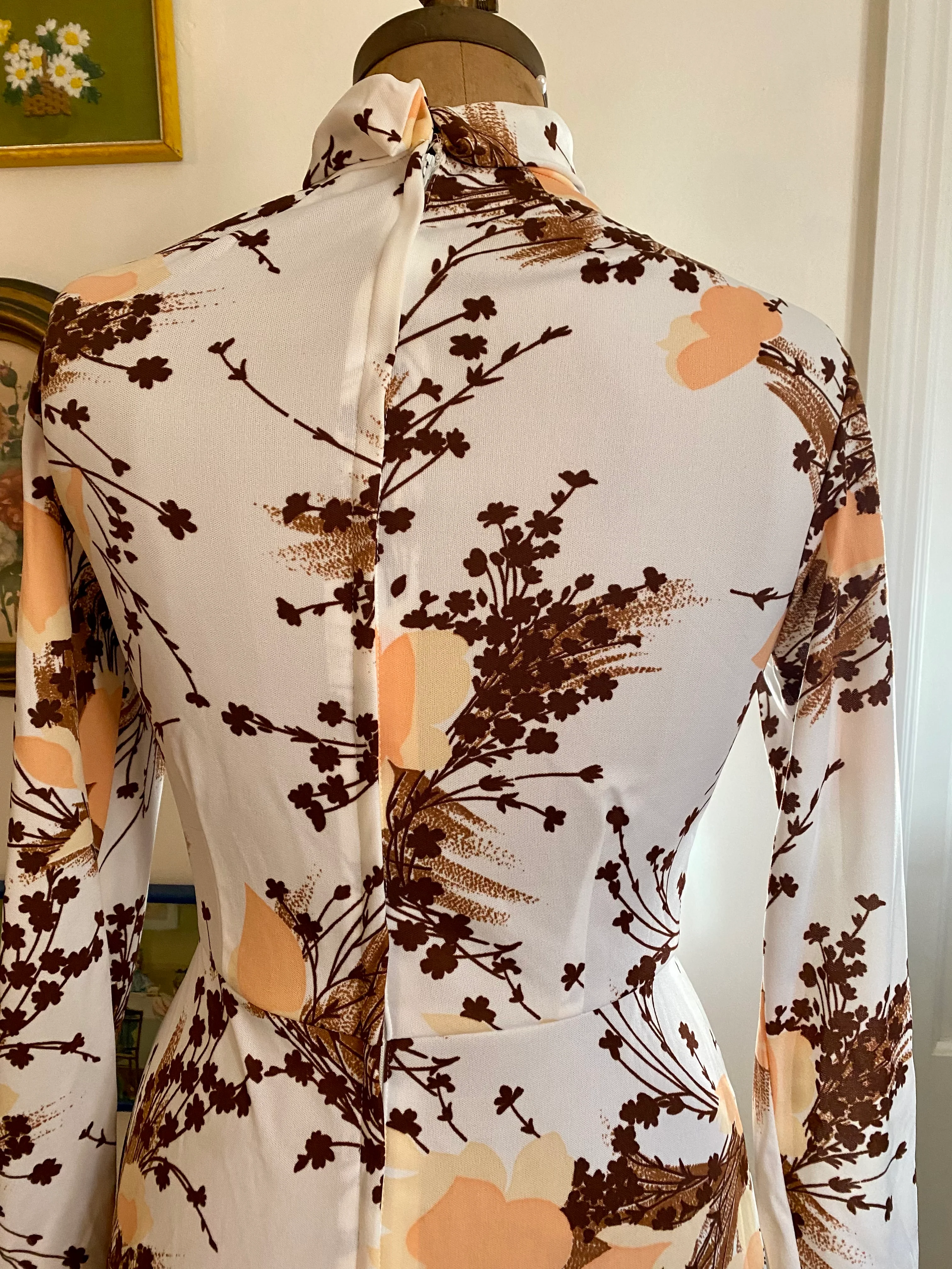 60s/70s Vtg Muted Fall Long Sleeve Turtle Neck Maxi Dress - Image 4