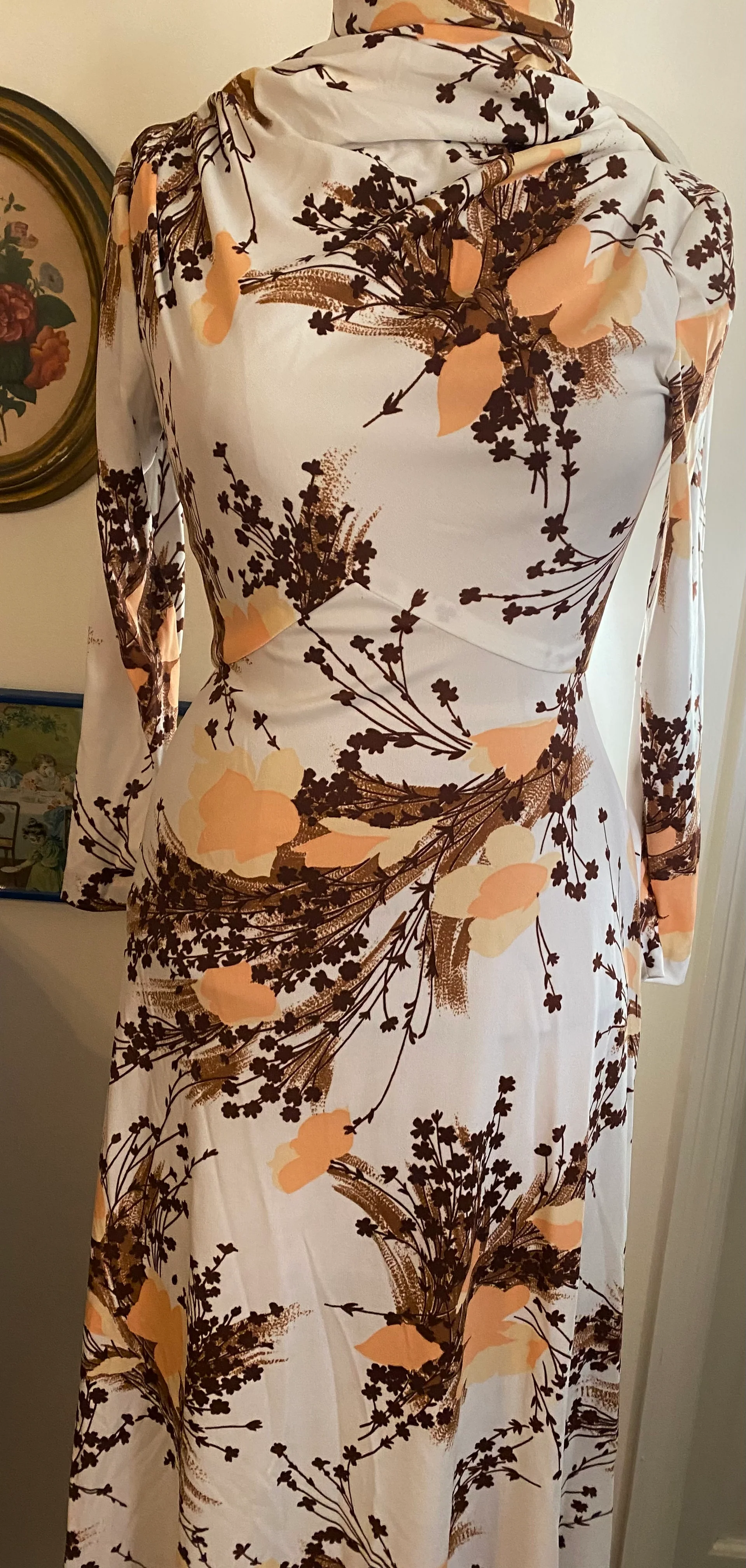 60s/70s Vtg Muted Fall Long Sleeve Turtle Neck Maxi Dress - Image 5