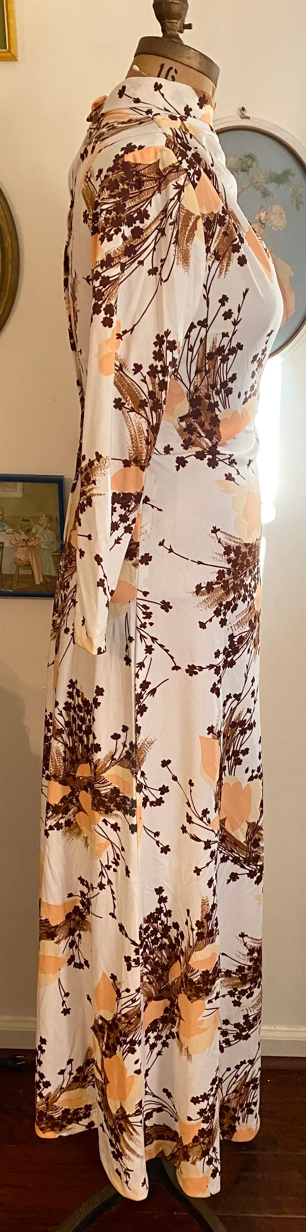 60s/70s Vtg Muted Fall Long Sleeve Turtle Neck Maxi Dress - Image 6