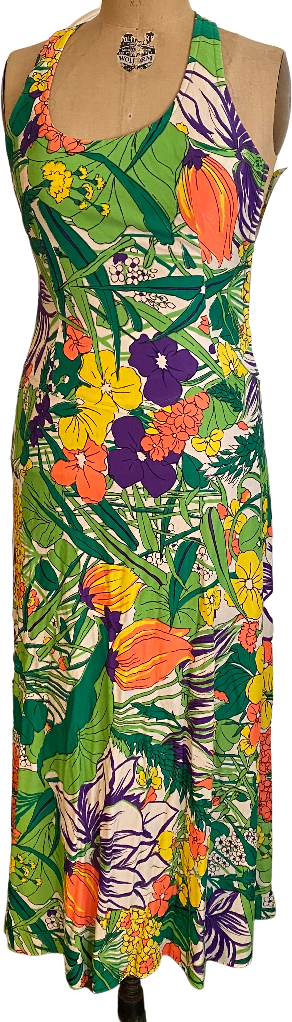 60s/70s Vtg Psychedelic Floral Racerback Maxi Dress Hawaii By The Company