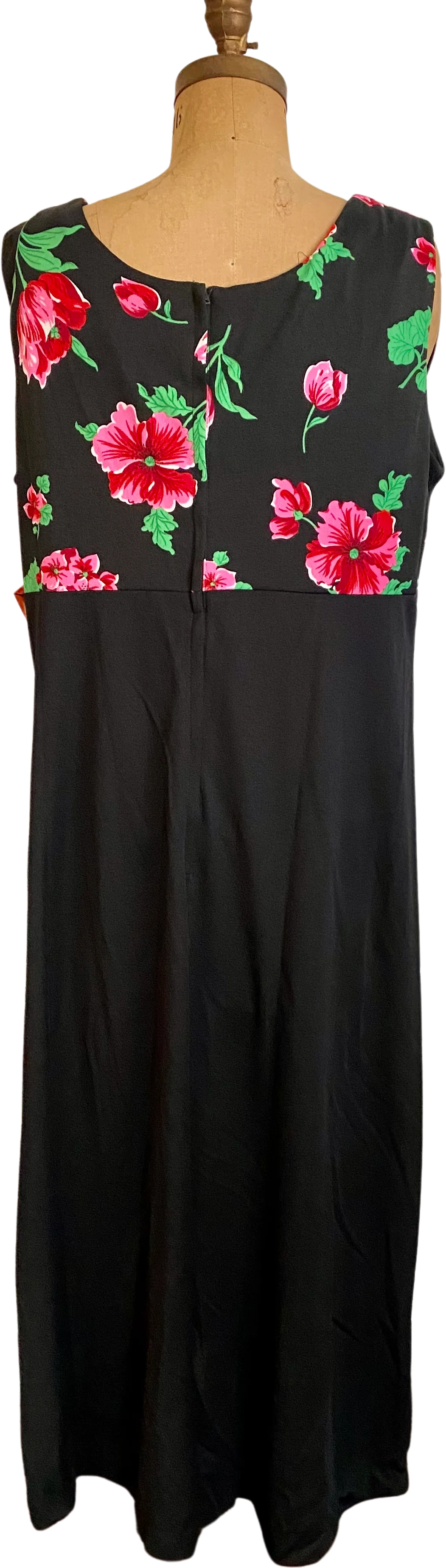 60s/70s Vtg Red Floral Black Empire Waist Maxi Dress