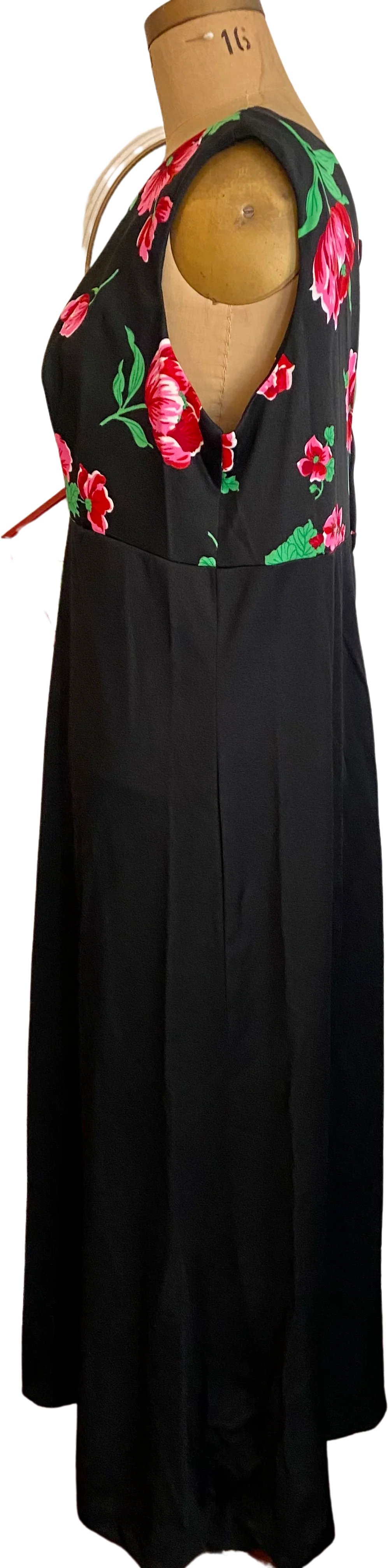 60s/70s Vtg Red Floral Black Empire Waist Maxi Dress - Image 2
