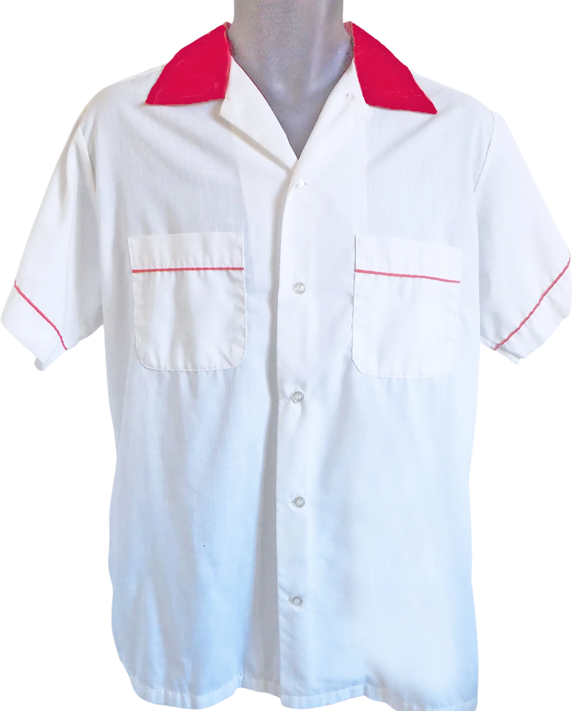 60s 70s White and Red Hilton Bowling Shirt Medium Collar Sightless Bowlers Buffalo New York Vents Two Breast Pockets