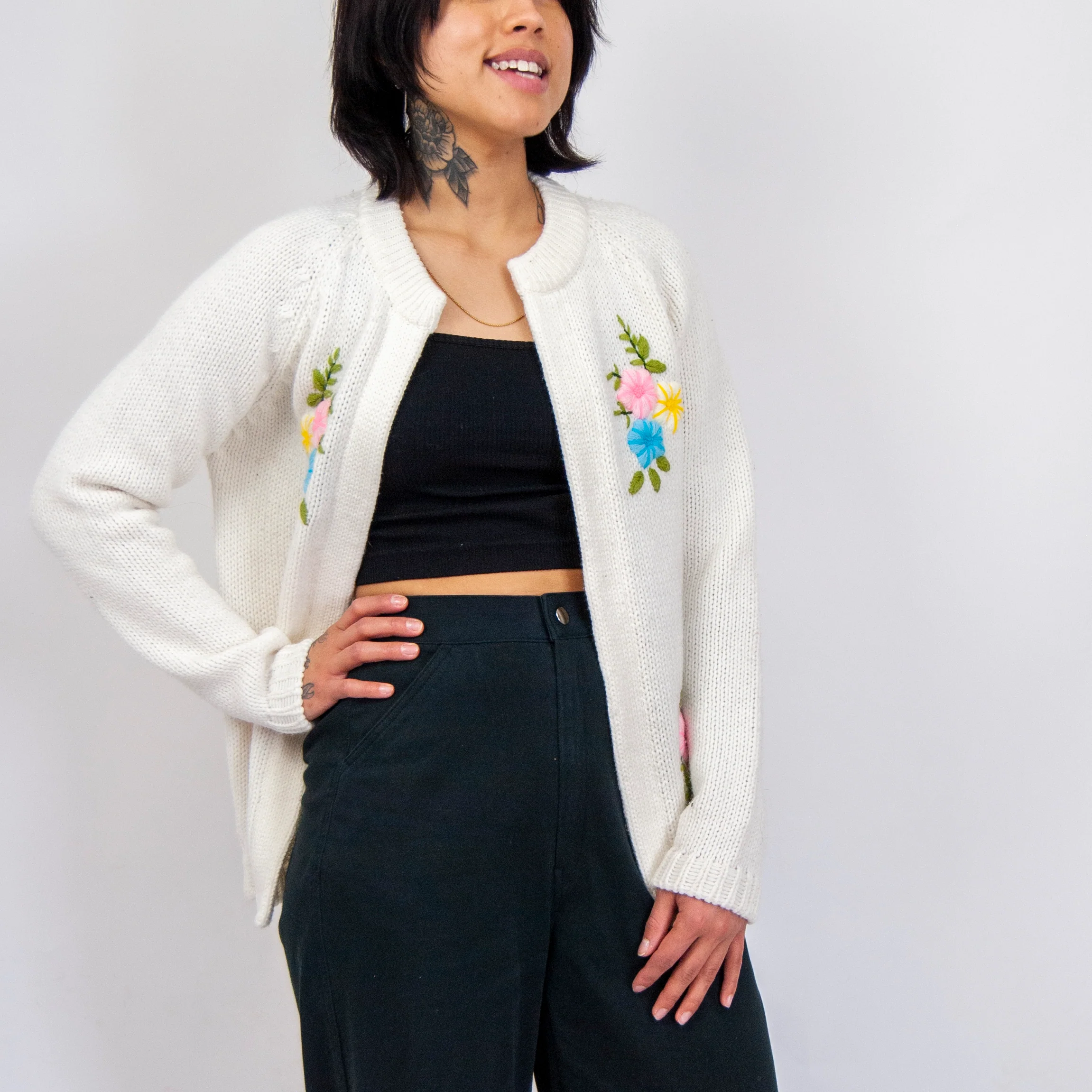 60s/70s White Embroidered Floral Cardigan By Miss Holly - Image 4