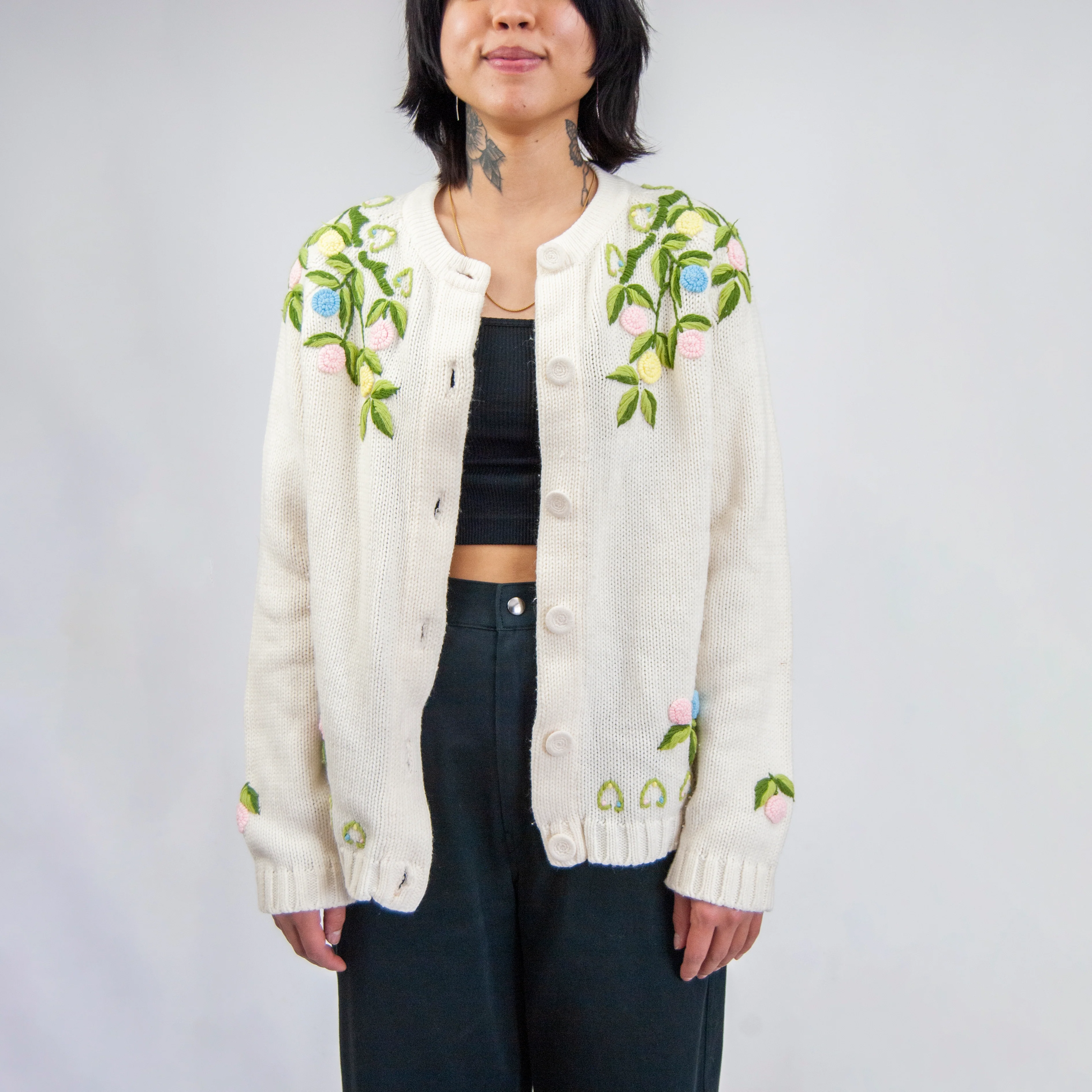 60s/70s White Embroidered Floral Cardigan / S By Miss Holly - Image 5