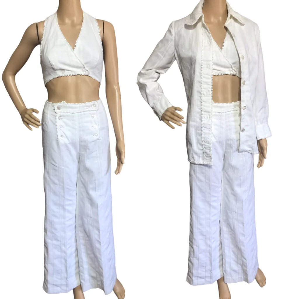 60s/70s White Halter Jacket Wide Leg Pants Set By Country Set - Image 4