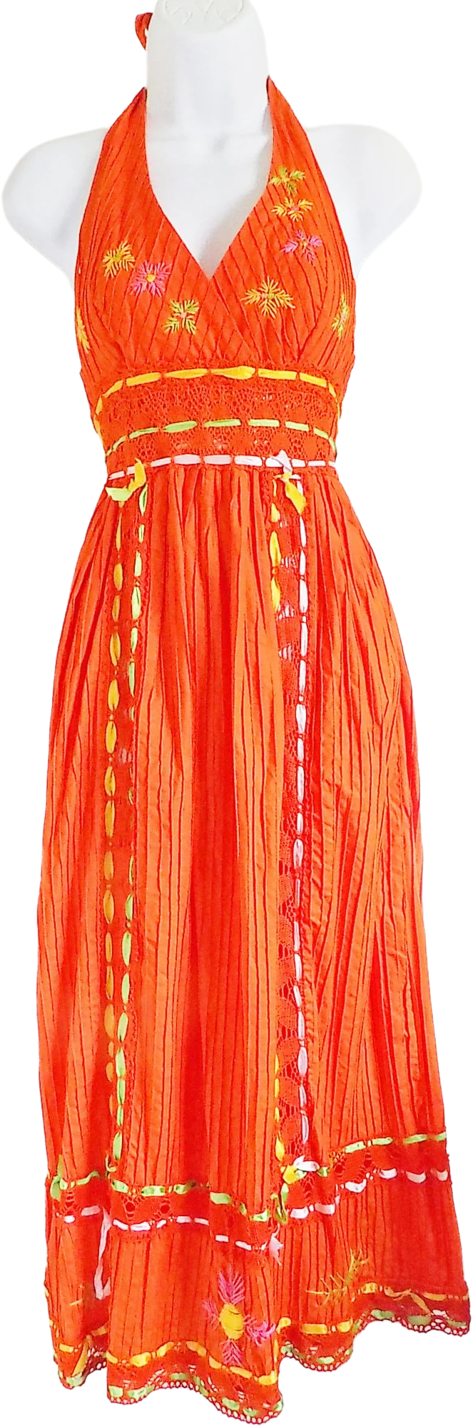 60s 80s Orange Sun Dress Halter Maxi Dress Ribbons Embroidered Peasant Beach Wear Resort Wear Pool Summer