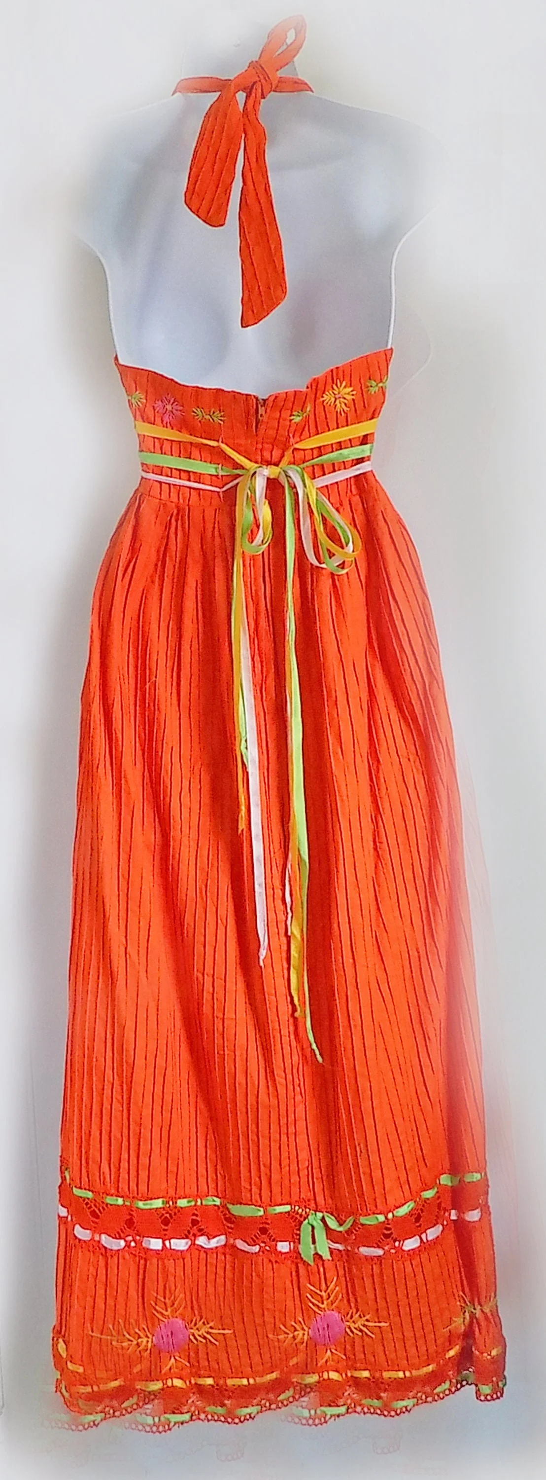 60s 80s Orange Sun Dress Halter Maxi Dress Ribbons Embroidered Peasant Beach Wear Resort Wear Pool Summer - Image 2