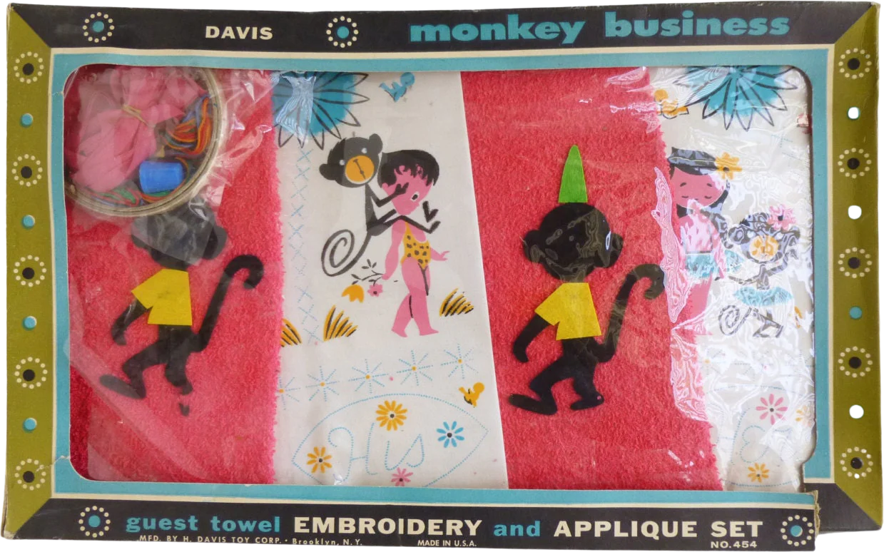 60s Applique and Embroidery Towel Set with Monkeys