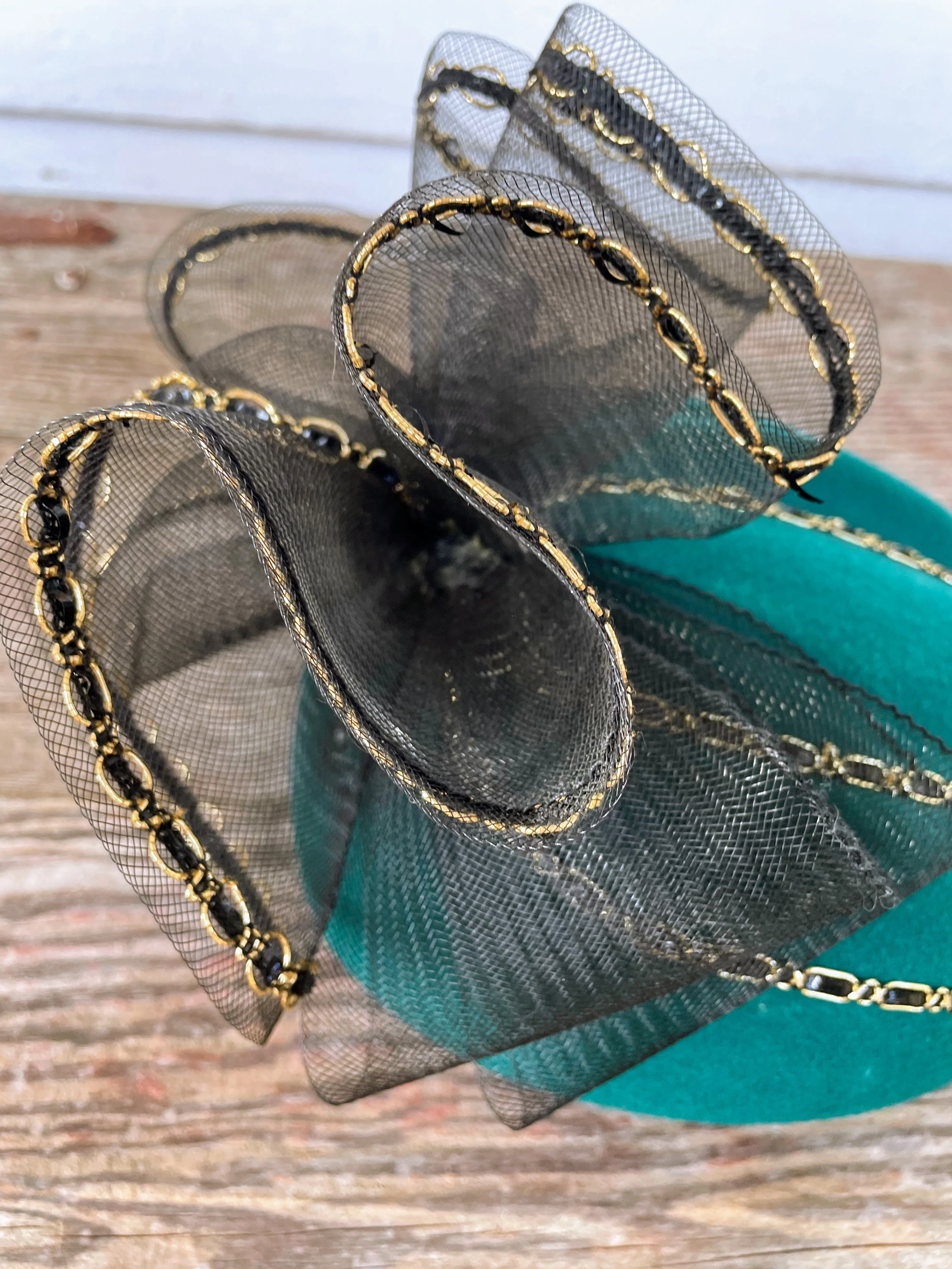 60s Art Deco Revival Green Wool Hat Sequins Tulle Bow - Image 12