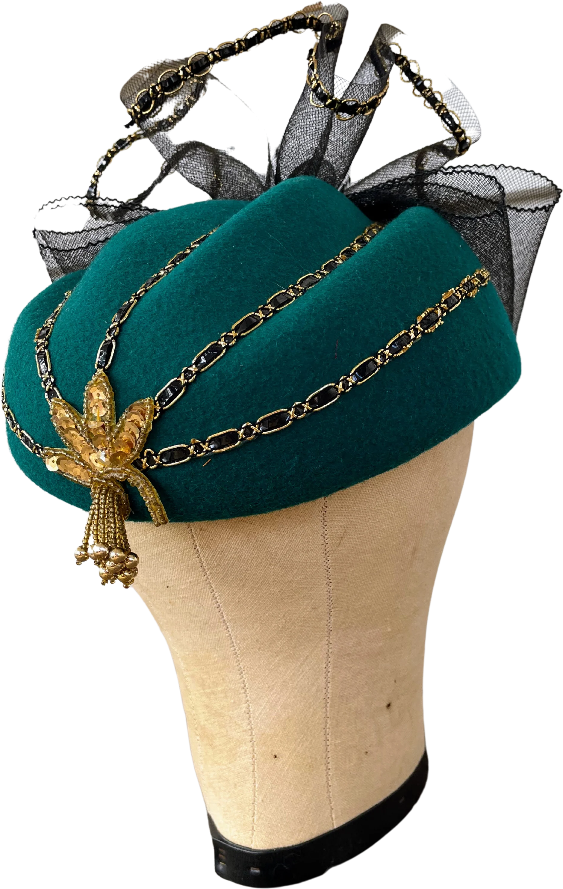 60s Art Deco Revival Green Wool Hat Sequins Tulle Bow - Image 2
