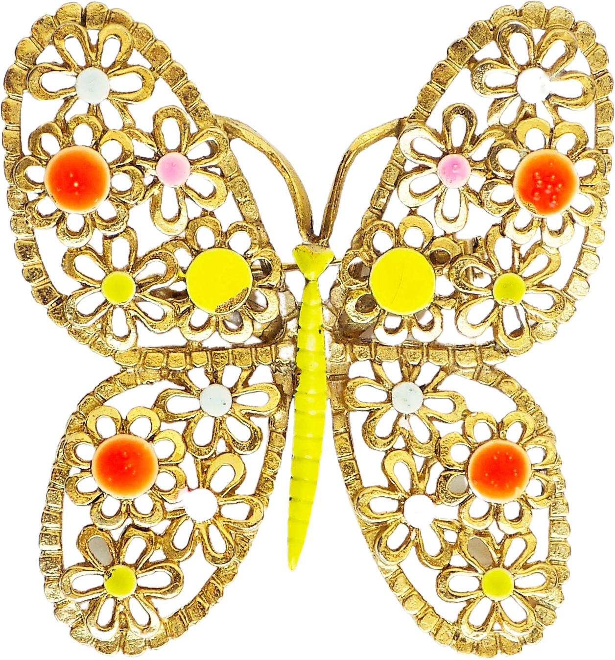 60s Arthur Pepper Art Enameled Butterfly Pin Brooch Signed Gold Tone Neon Pink Yellow Blue Lime Green Mod by Arthur Pepper