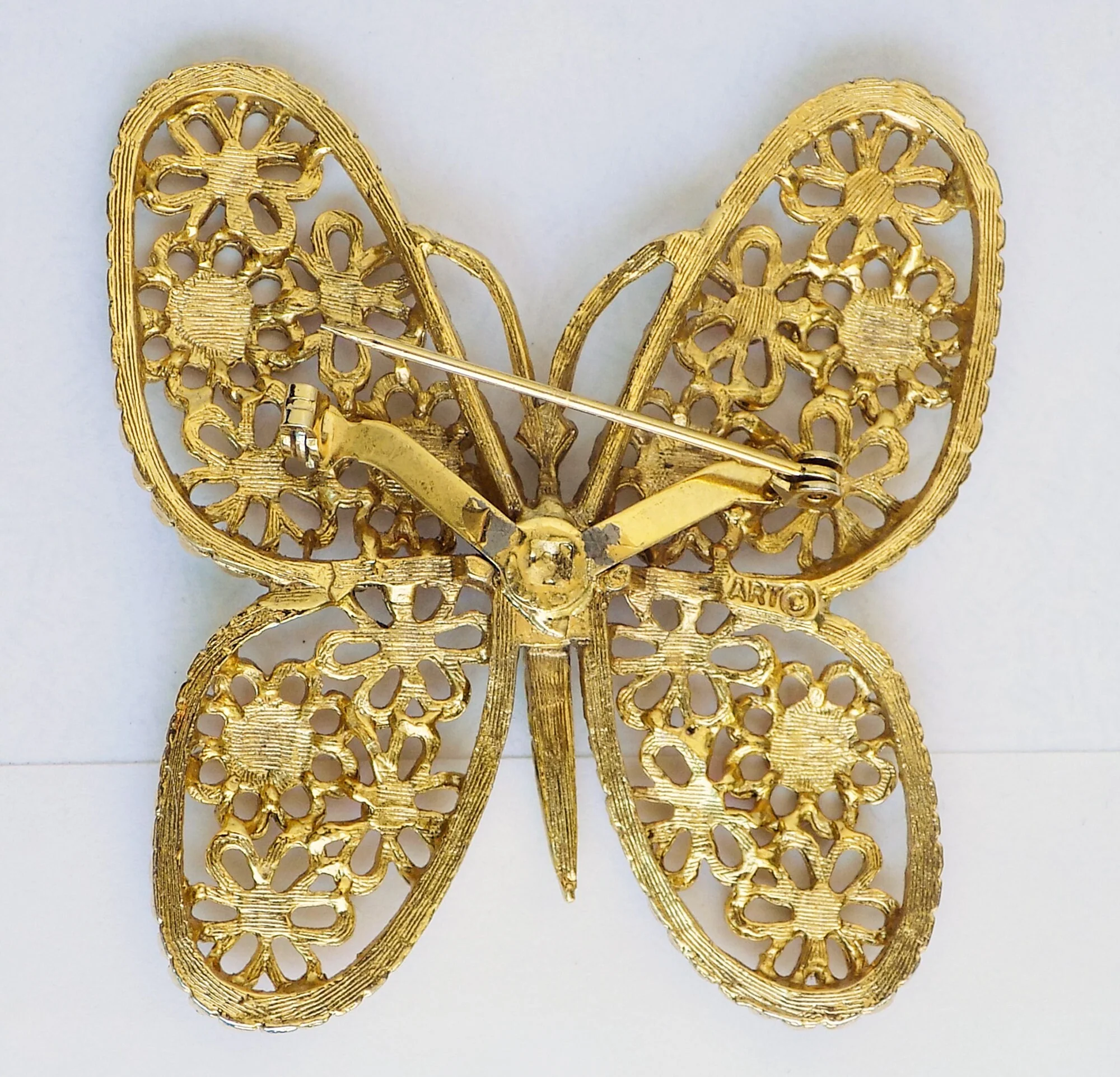 60s Arthur Pepper Art Enameled Butterfly Pin Brooch Signed Gold Tone Neon Pink Yellow Blue Lime Green Mod by Arthur Pepper - Image 2