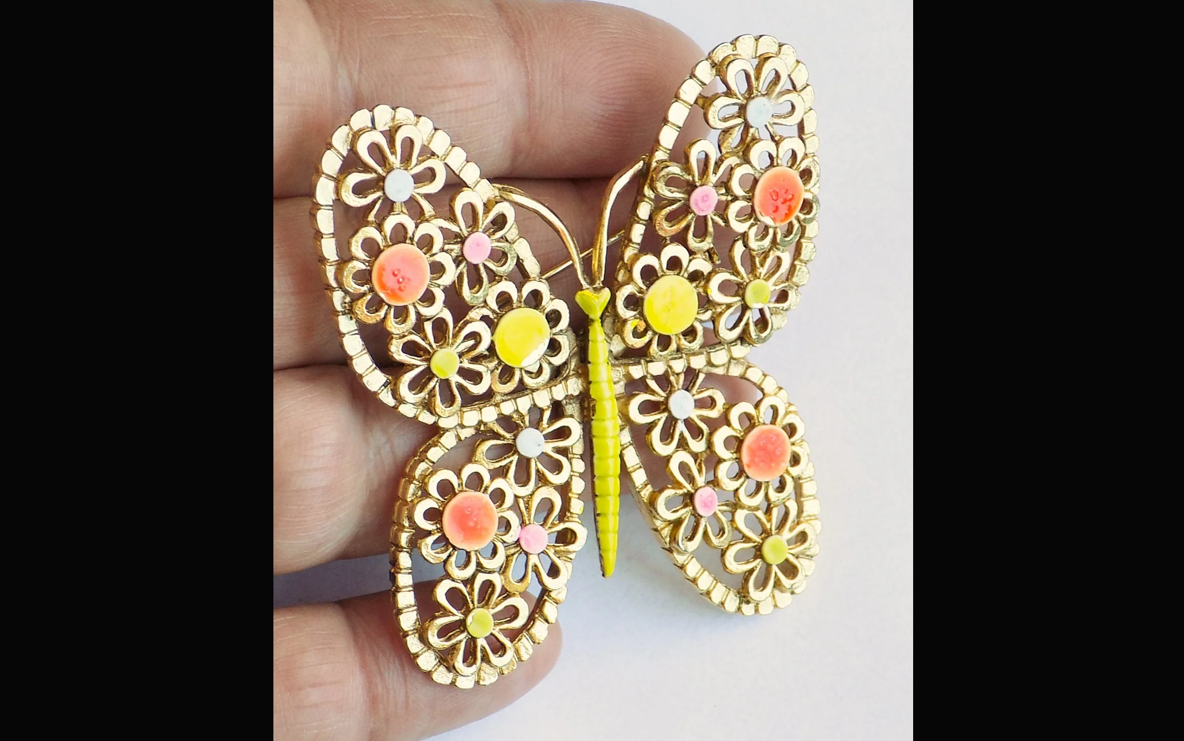 60s Arthur Pepper Art Enameled Butterfly Pin Brooch Signed Gold Tone Neon Pink Yellow Blue Lime Green Mod by Arthur Pepper - Image 3