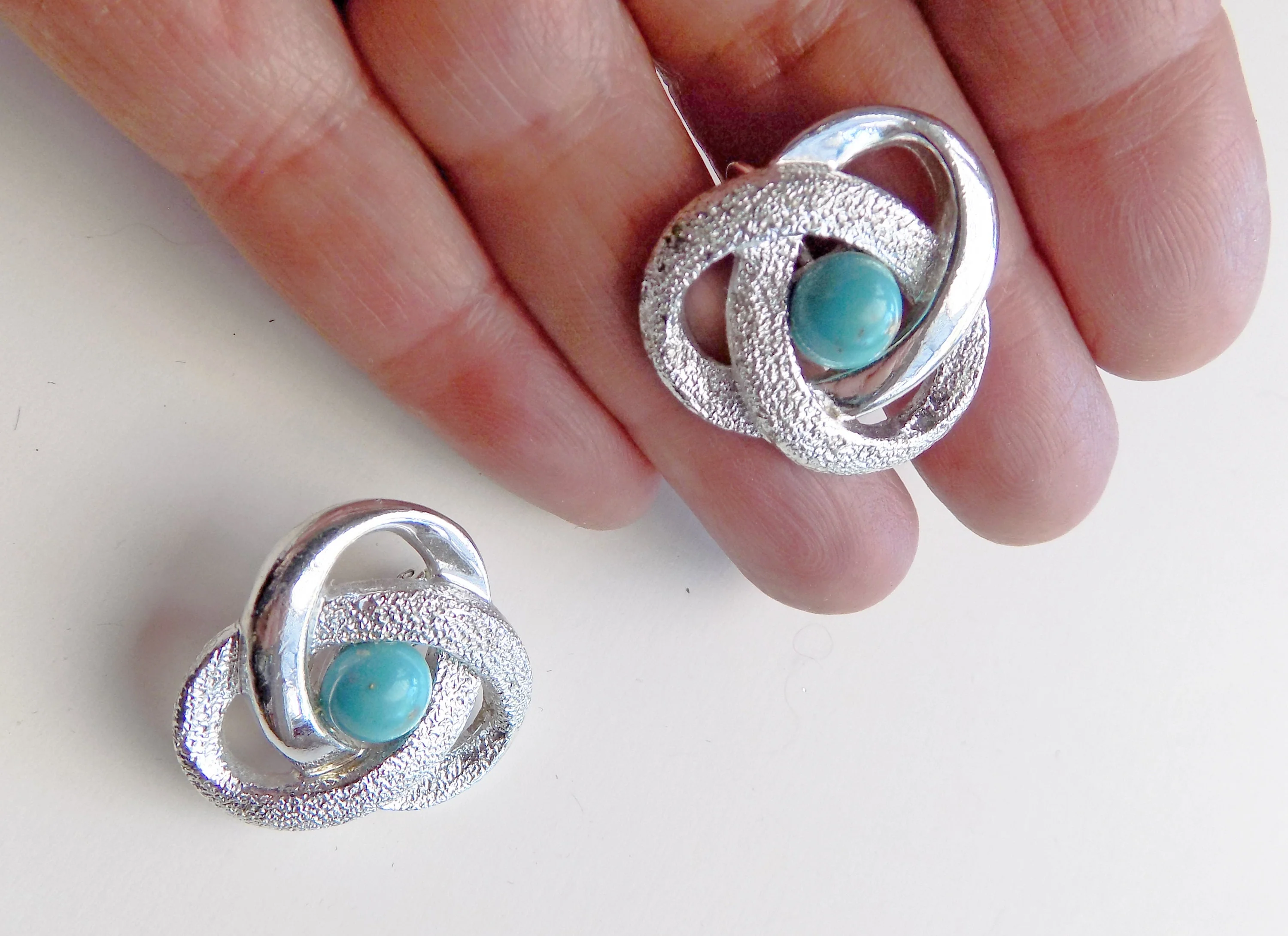 60s Atomic Clip-On Earrings Turquoise Silver Tone Molecular Science 1 Inch by Sarah Covington - Image 2
