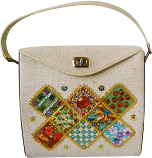 60s Beaded Applique Purse with Wood Sides Vintage Purse Top Handle Hand Bag Mod