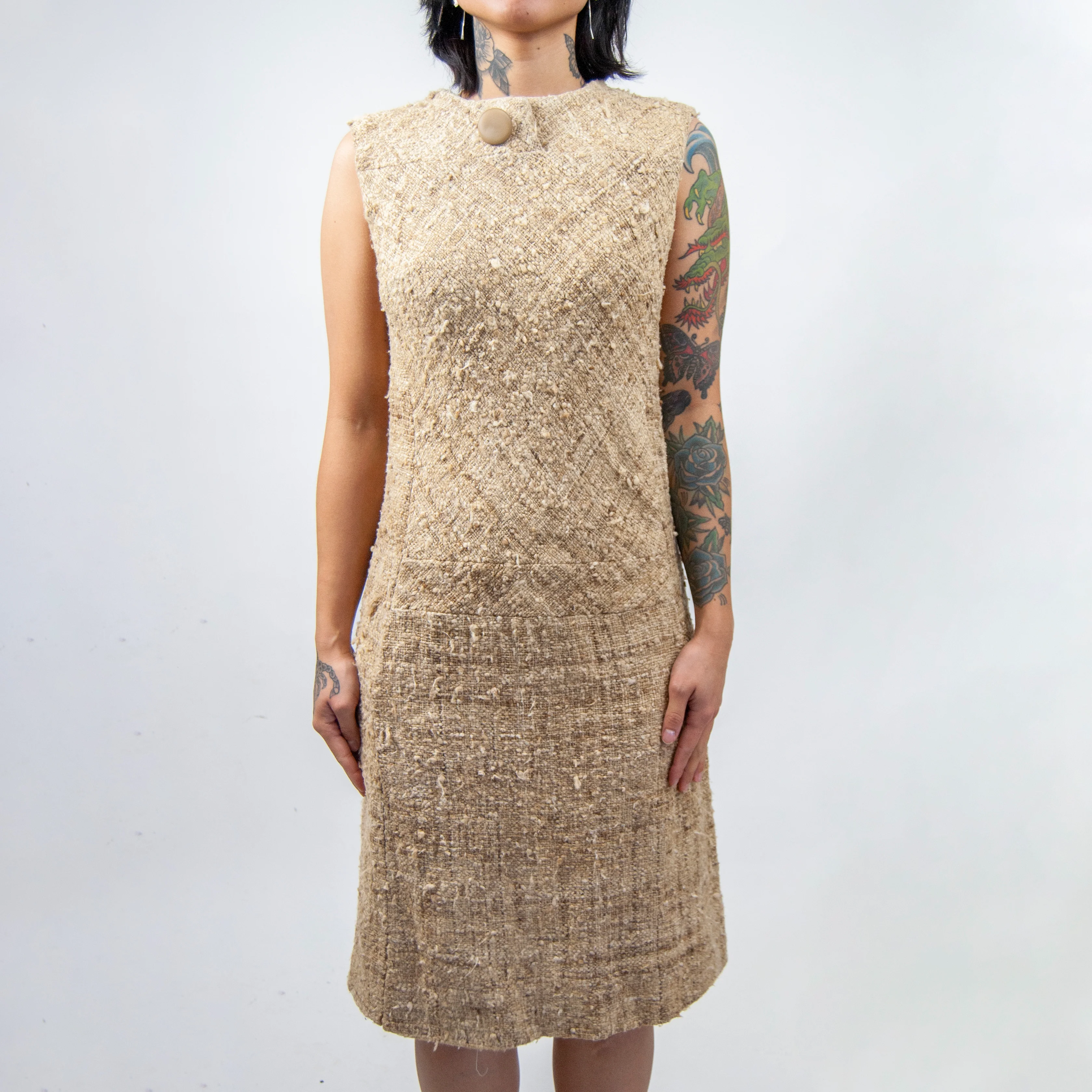 60s Beige Burlap Jute Shift Dress - Image 4