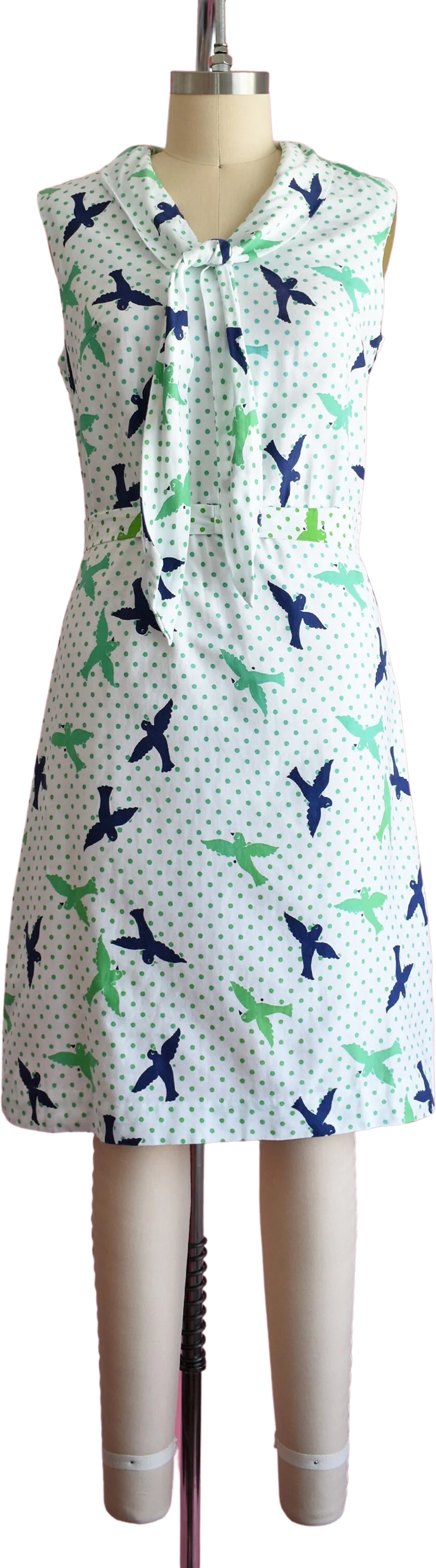 60s Bird Print Dress Vintage 60s Dress, White Blue and Green Polka Dot Novelty Print Dress with Ascot Bow, Medium