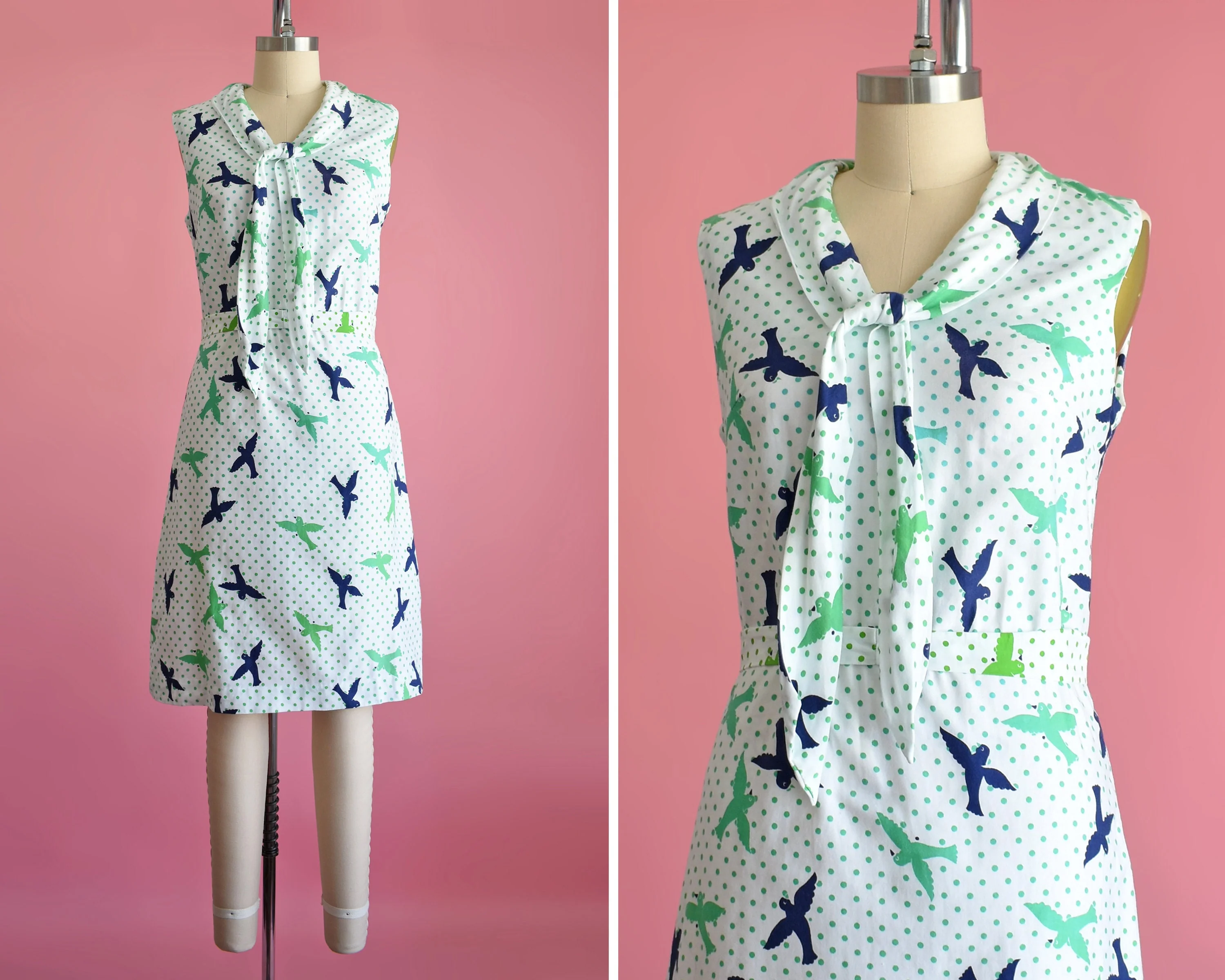 60s Bird Print Dress Vintage 60s Dress, White Blue and Green Polka Dot Novelty Print Dress with Ascot Bow, Medium - Image 2