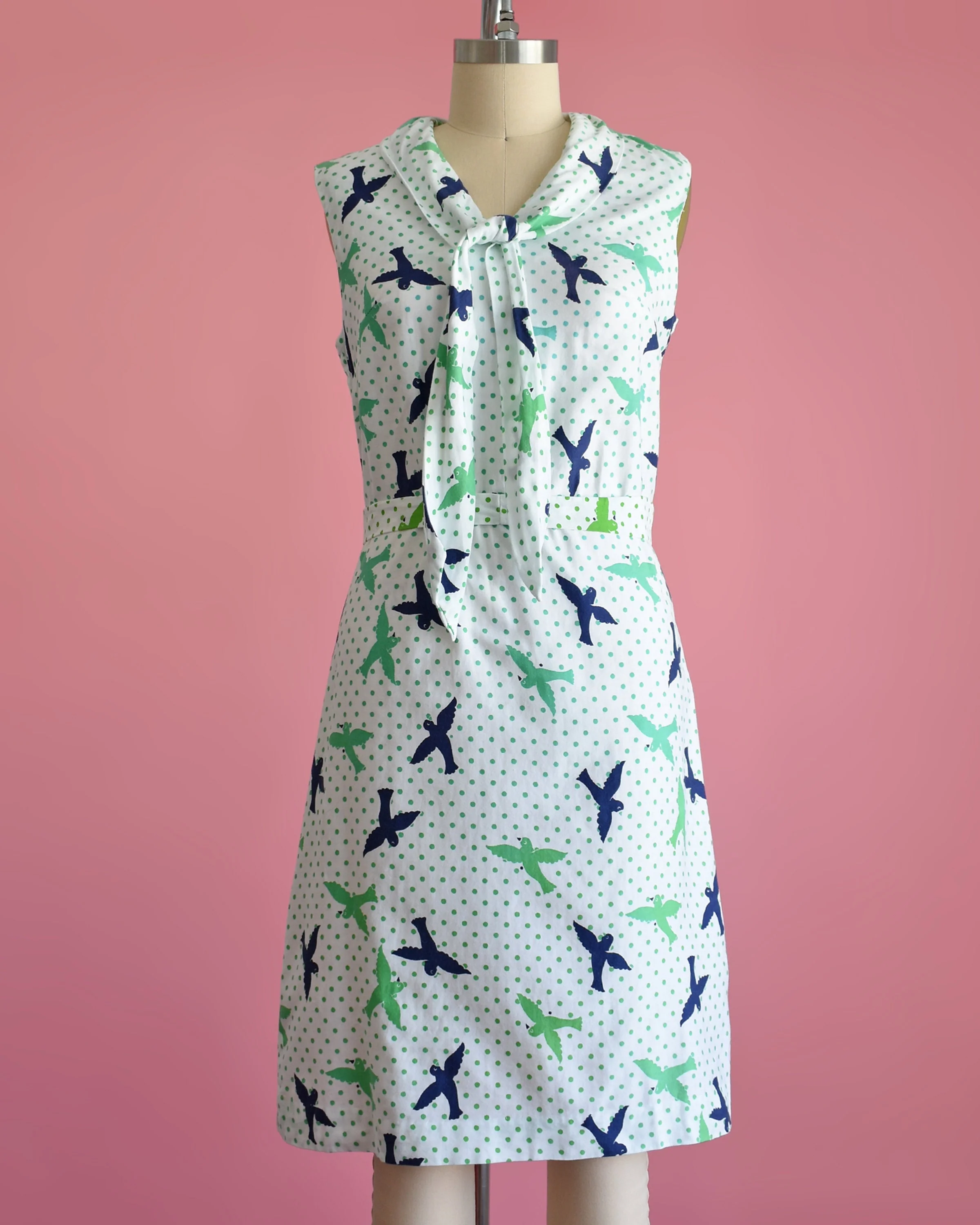 60s Bird Print Dress Vintage 60s Dress, White Blue and Green Polka Dot Novelty Print Dress with Ascot Bow, Medium - Image 3