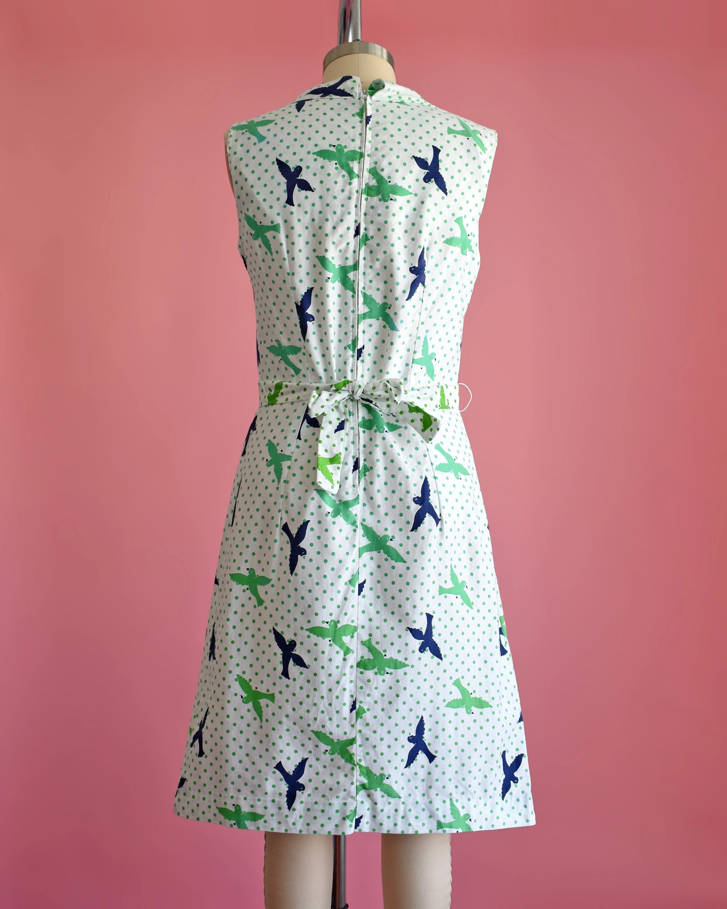 60s Bird Print Dress Vintage 60s Dress, White Blue and Green Polka Dot Novelty Print Dress with Ascot Bow, Medium - Image 5