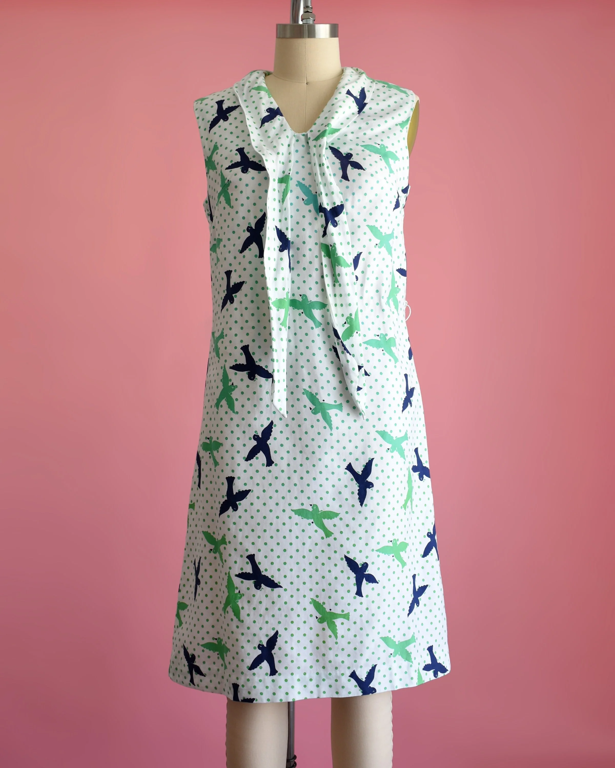 60s Bird Print Dress Vintage 60s Dress, White Blue and Green Polka Dot Novelty Print Dress with Ascot Bow, Medium - Image 6