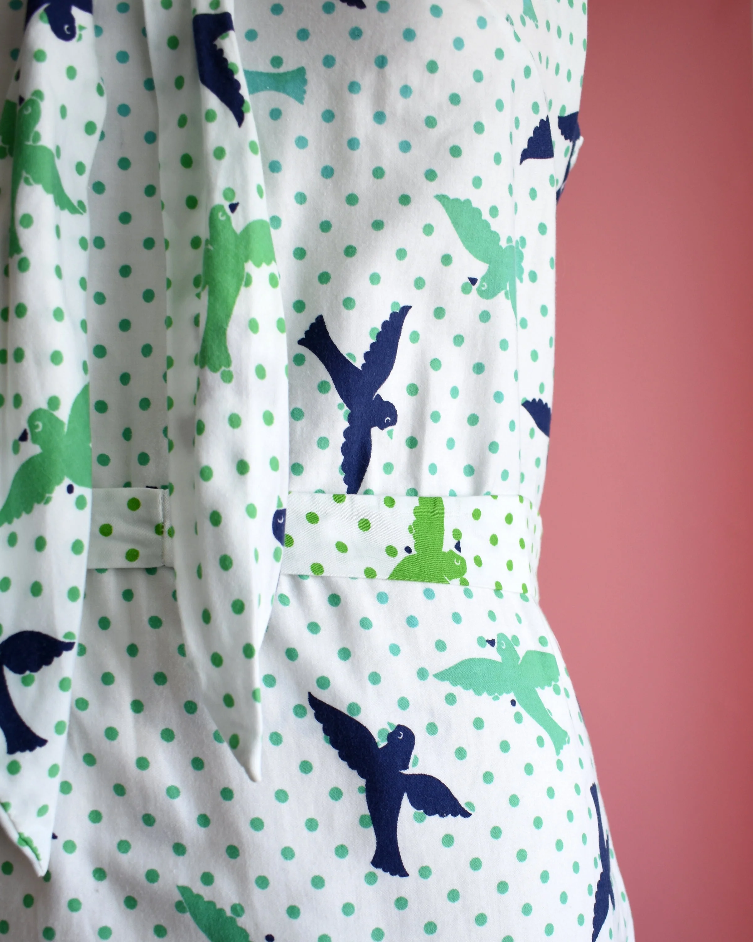 60s Bird Print Dress Vintage 60s Dress, White Blue and Green Polka Dot Novelty Print Dress with Ascot Bow, Medium - Image 8