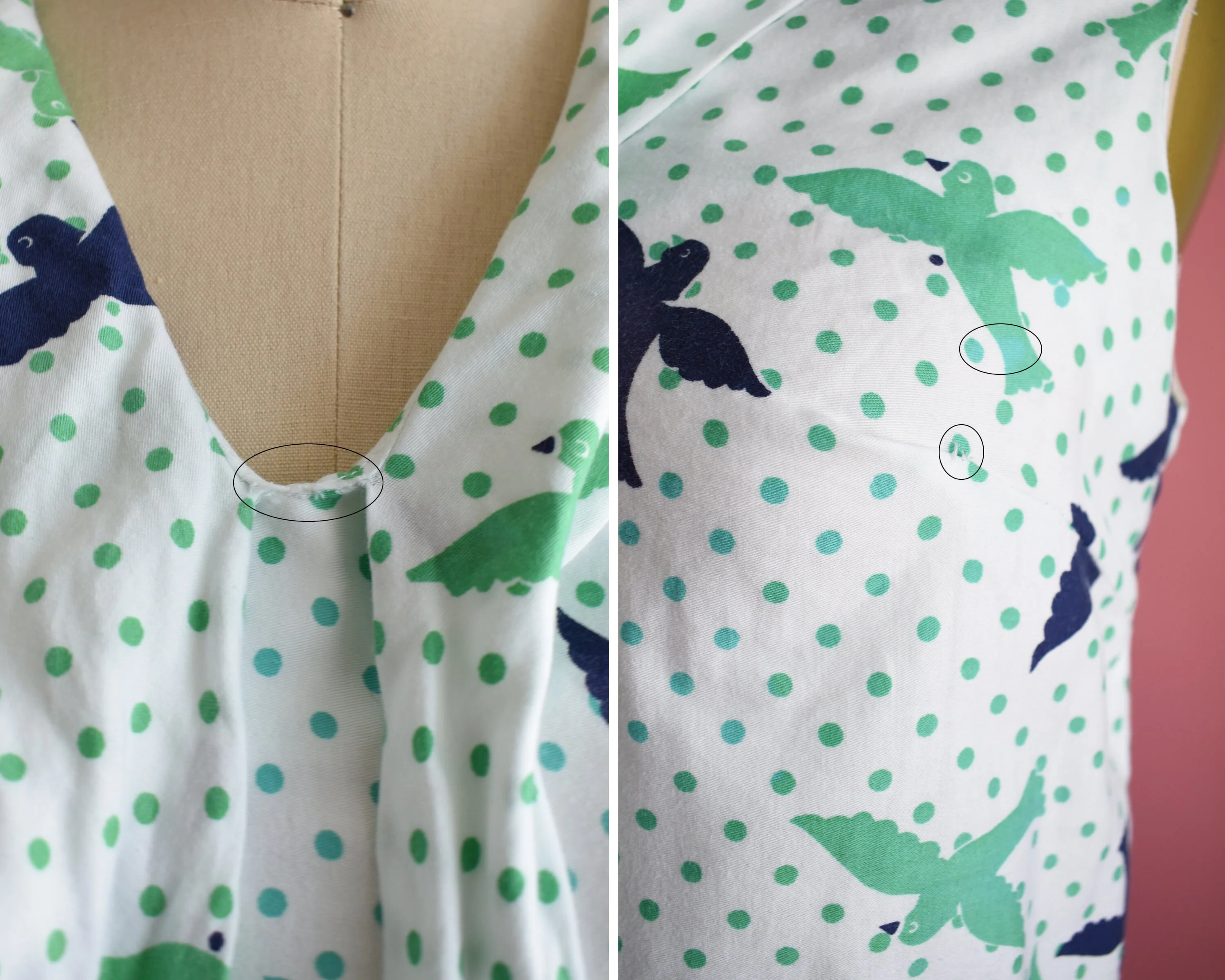 60s Bird Print Dress Vintage 60s Dress, White Blue and Green Polka Dot Novelty Print Dress with Ascot Bow, Medium - Image 9