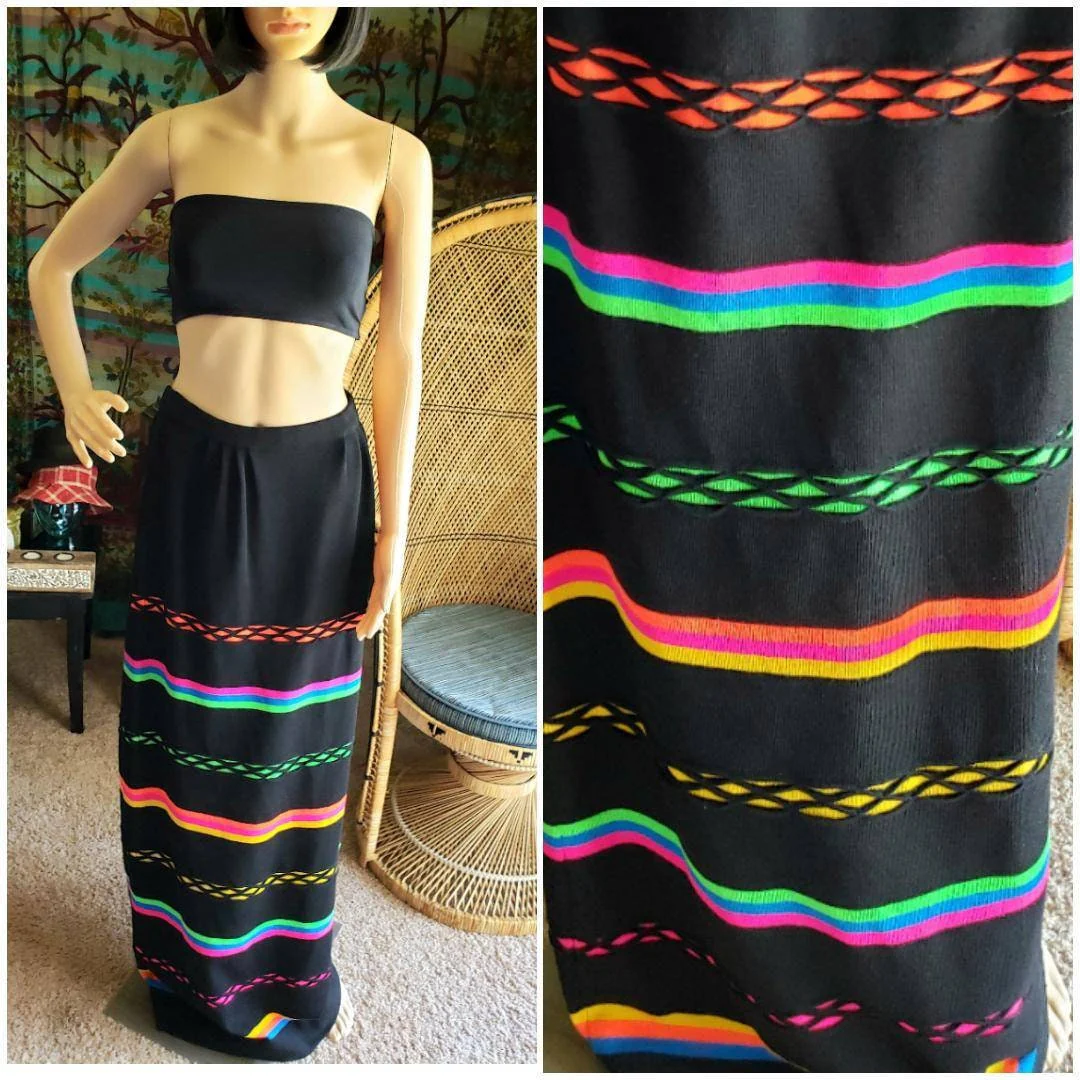 60s Black and Neon Striped Wool Maxi Skirt Banff Ltd Styled 12 by Gianni Ferri - Image 6