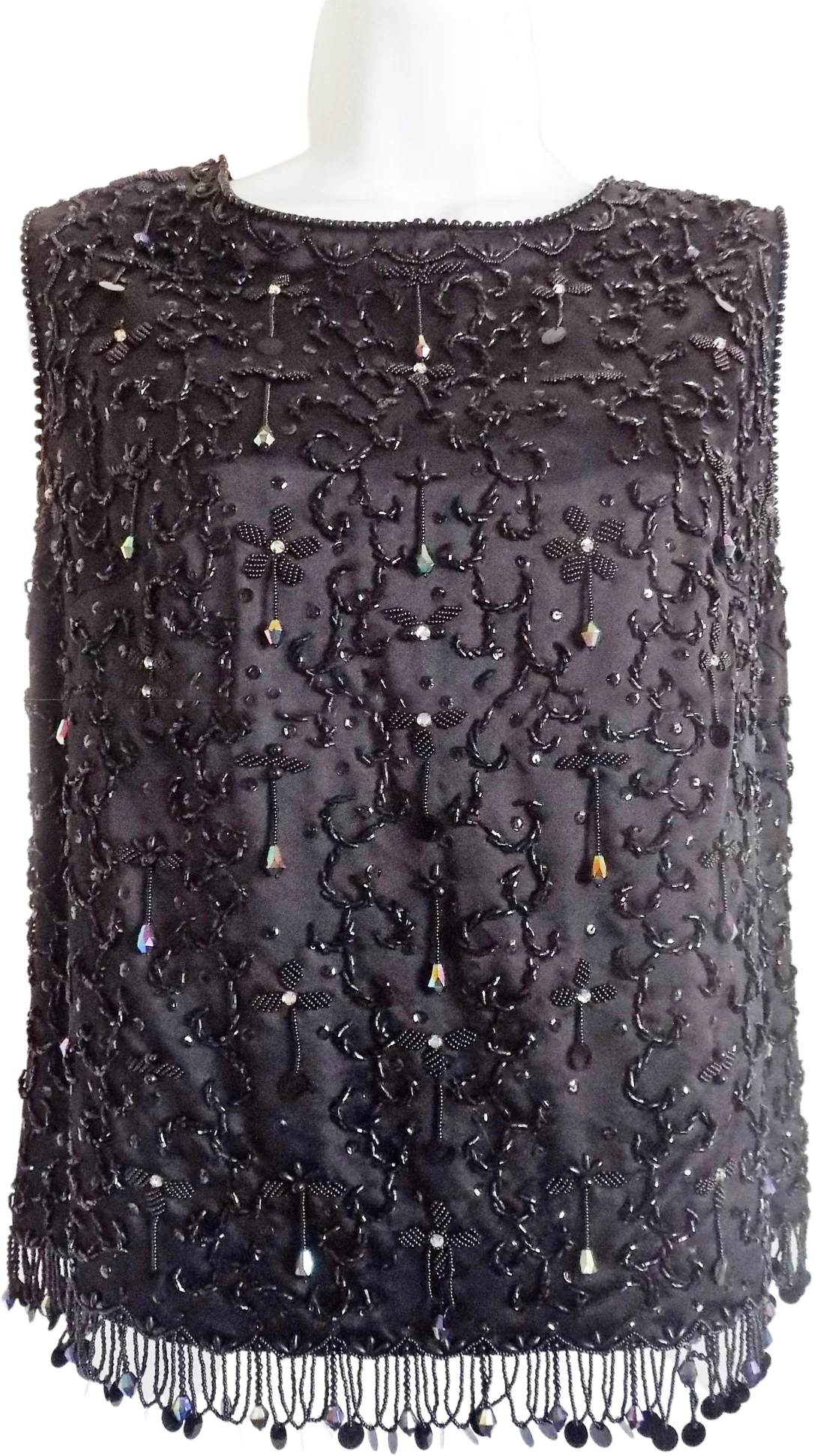 60s Black Beaded Satin Top From Hong Kong with Silk Lining Sleeveless Sequinned S M Wedding New Years G0 Go