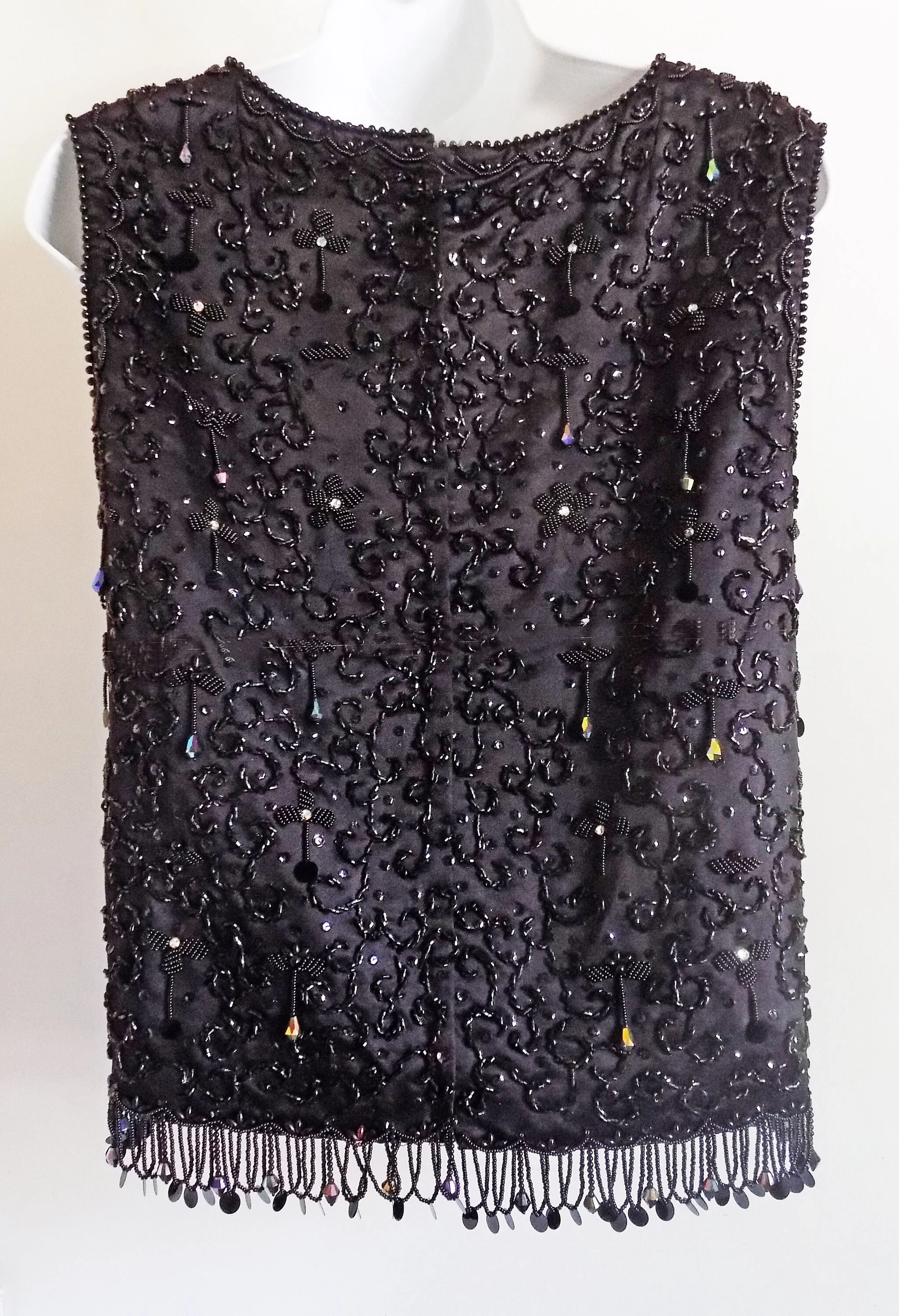 60s Black Beaded Satin Top From Hong Kong with Silk Lining Sleeveless Sequinned S M Wedding New Years G0 Go - Image 3