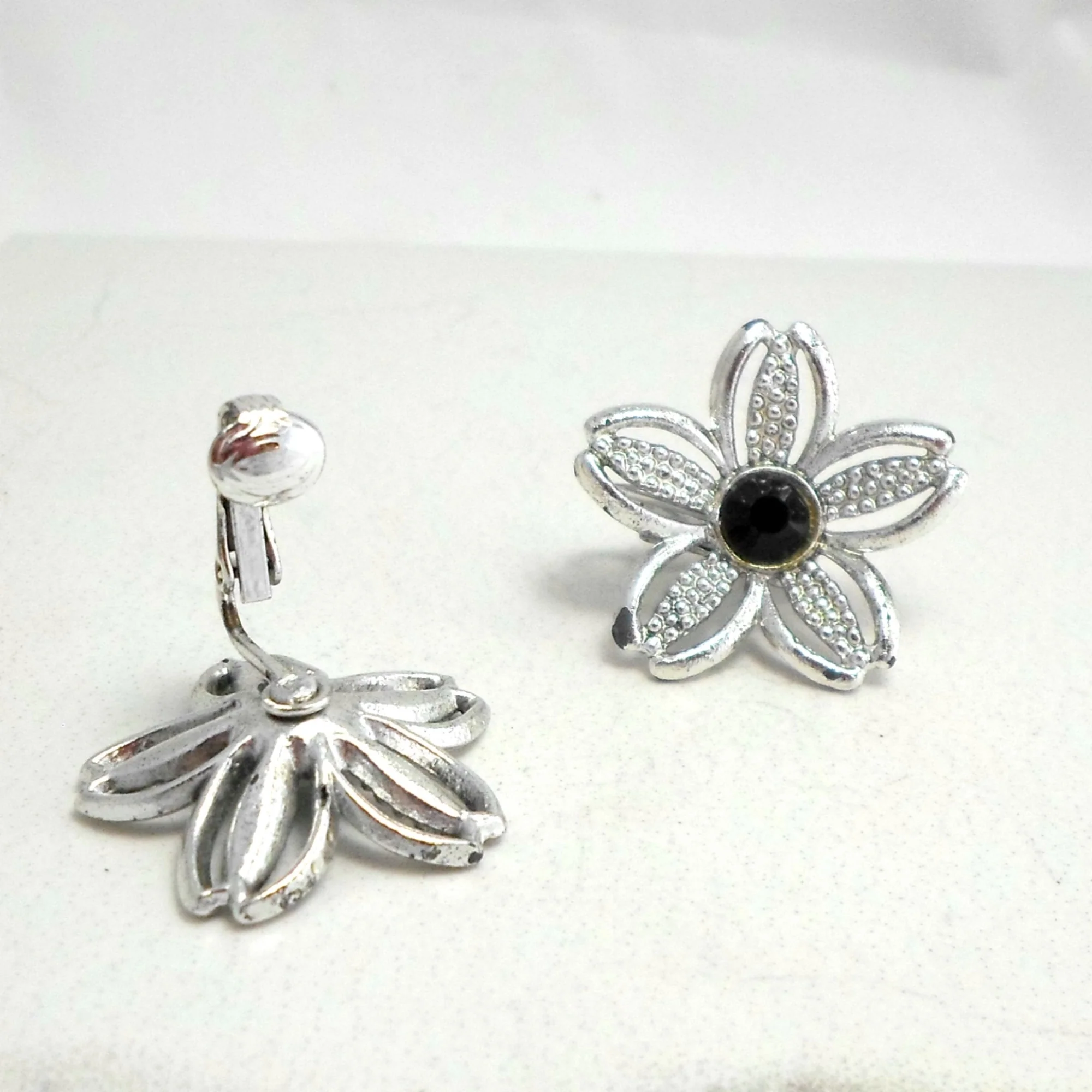 60s Earrings Black Beauty Clip On Flower By Sarah Coventry - Image 4