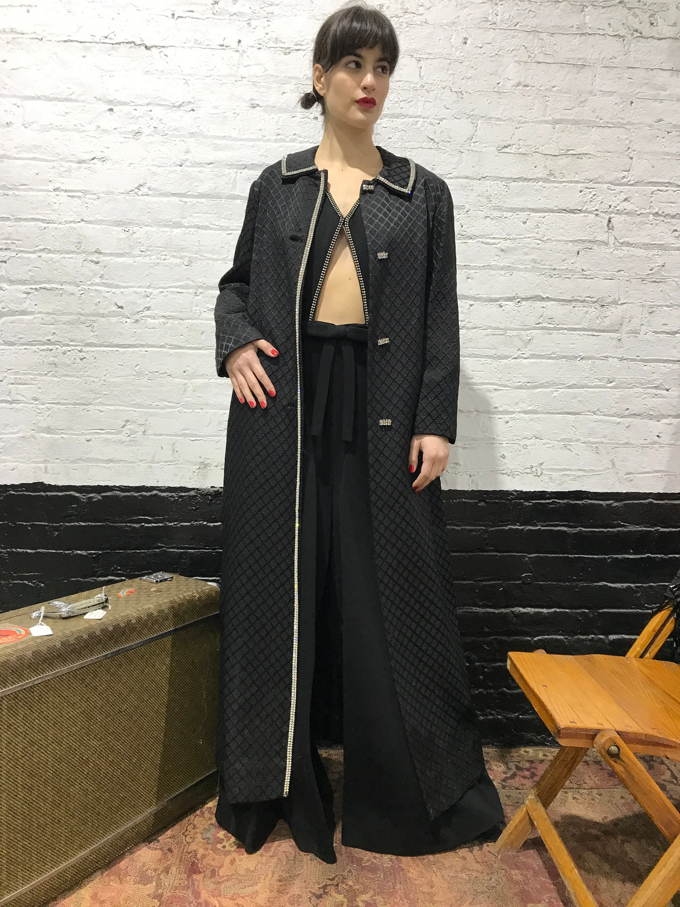 60s Black Brocade Coat with Rhinestones - Image 2