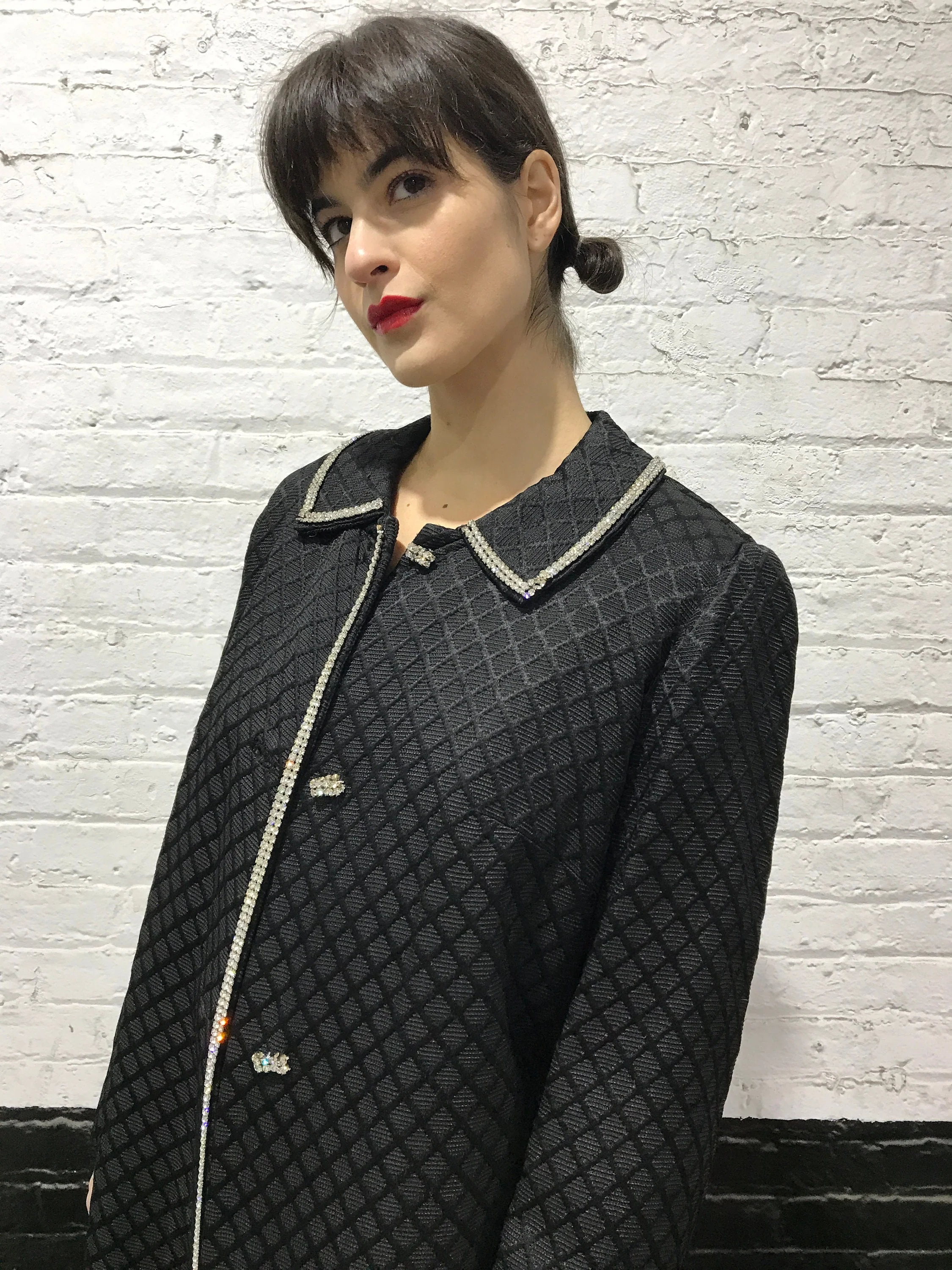 60s Black Brocade Coat with Rhinestones - Image 7