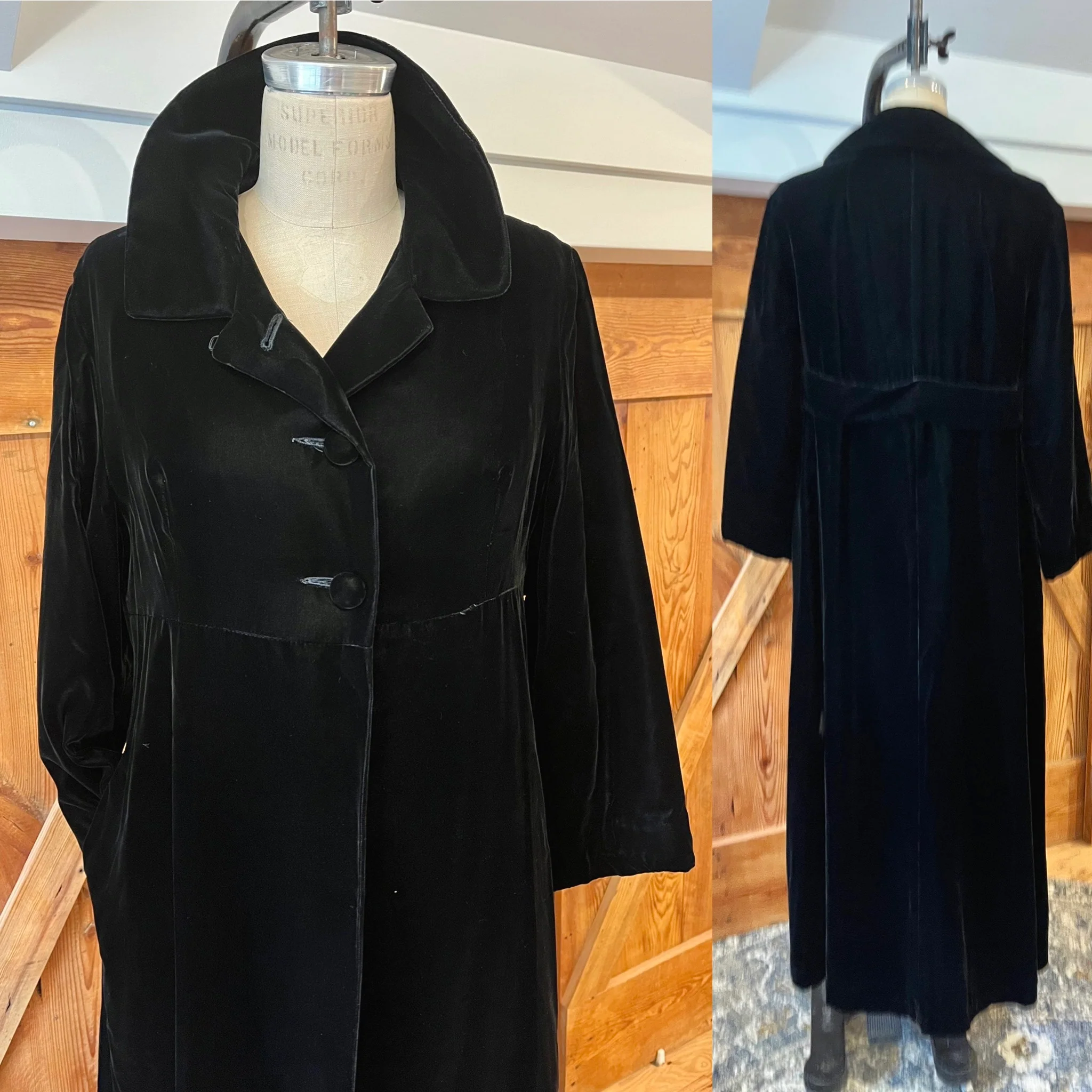 60s Black Crushed Velvet Long Trench Coat Jacket Witch - Image 4