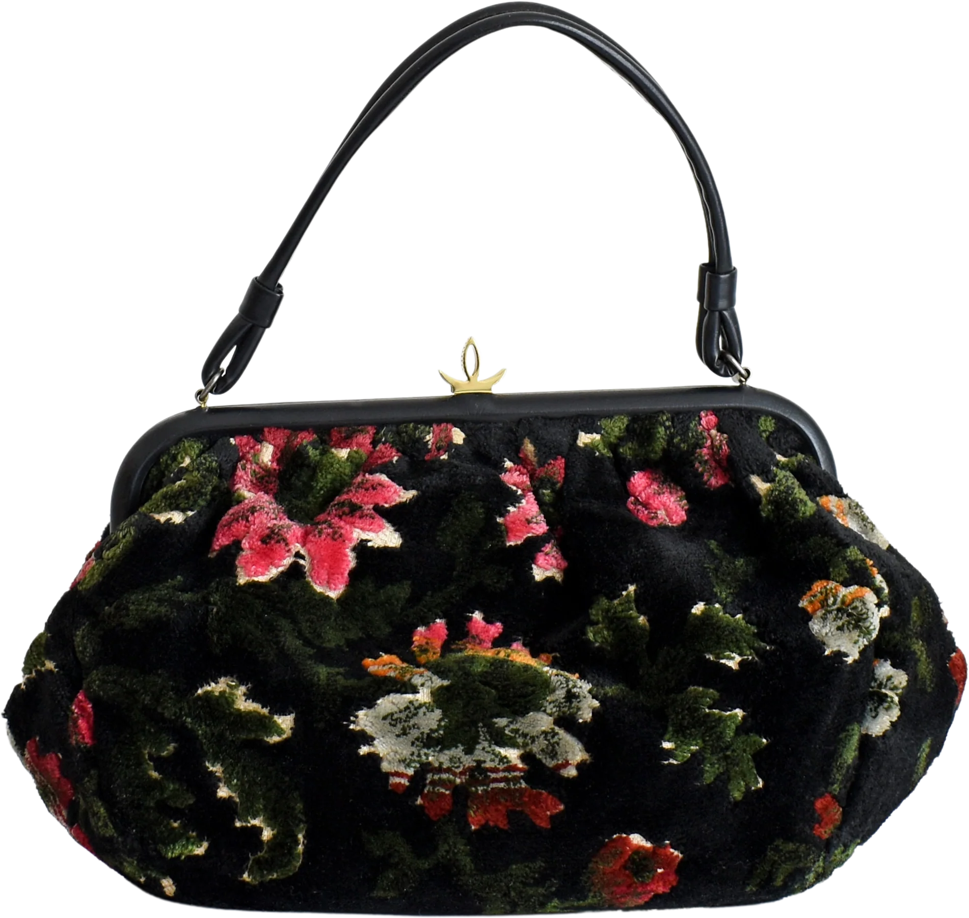 60s Black Floral Tapestry Purse Vintage 60s Handbag, Velvet Chenille Carpet Bag