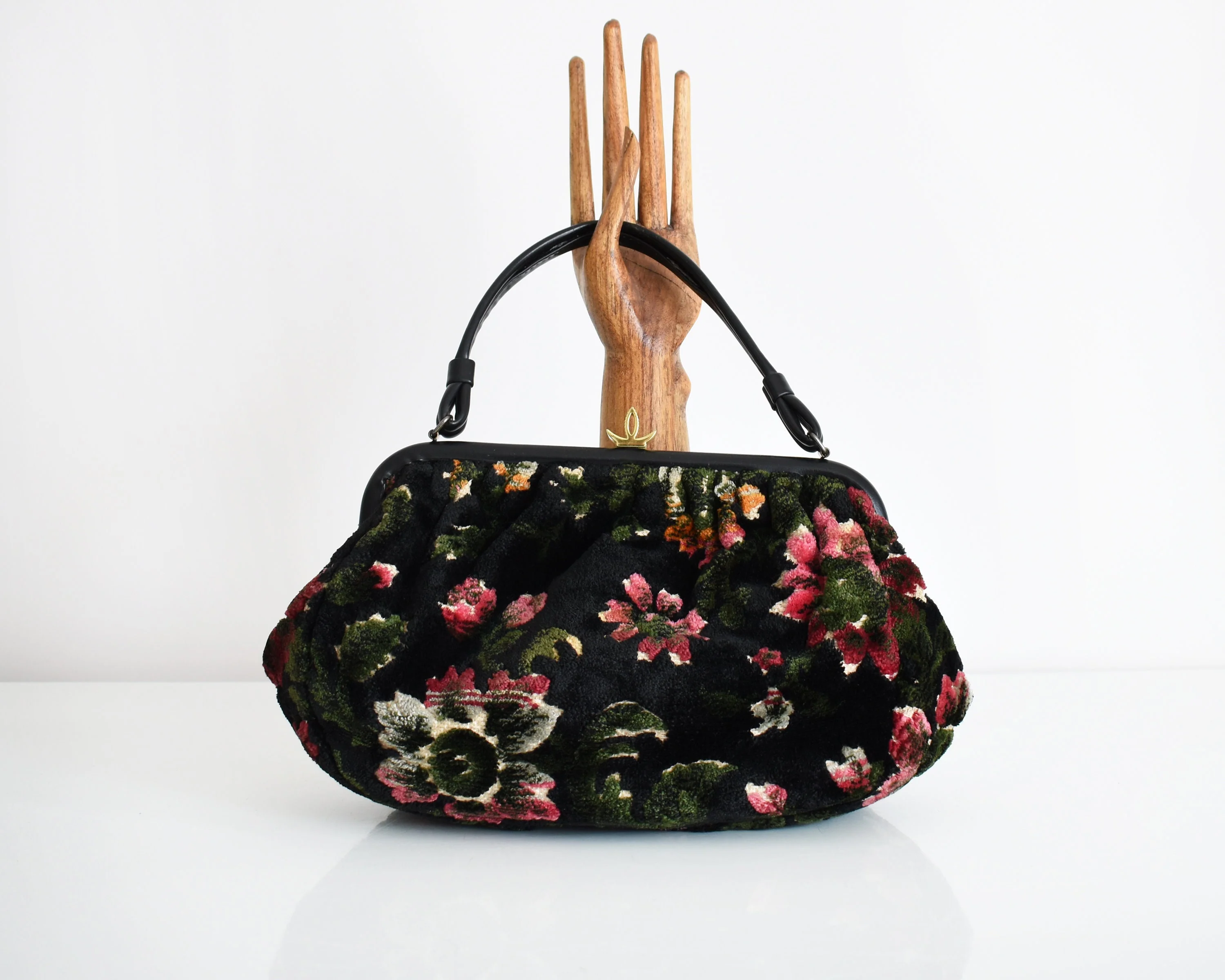 60s Black Floral Tapestry Purse Vintage 60s Handbag, Velvet Chenille Carpet Bag - Image 2