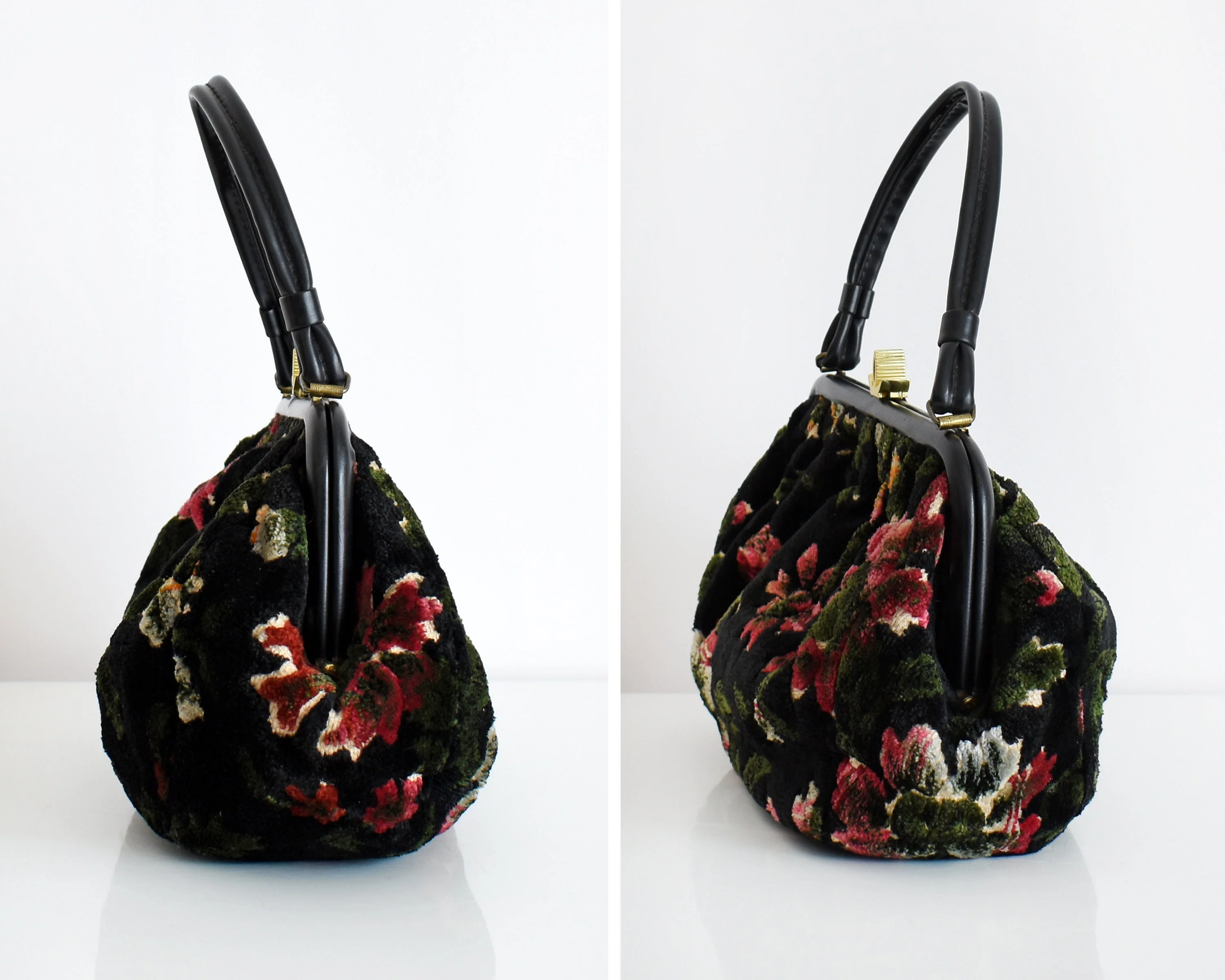 60s Black Floral Tapestry Purse Vintage 60s Handbag, Velvet Chenille Carpet Bag - Image 3