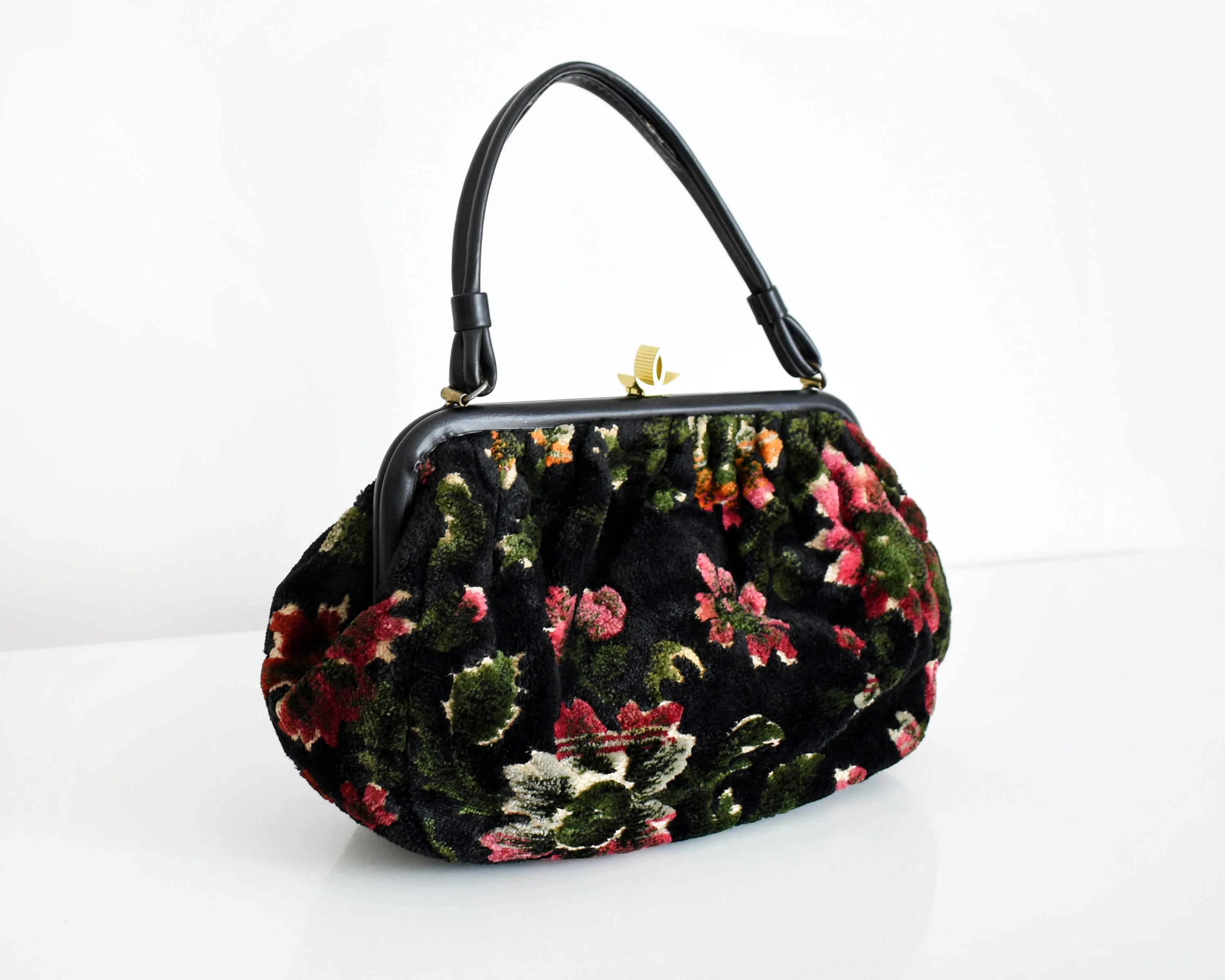 60s Black Floral Tapestry Purse Vintage 60s Handbag, Velvet Chenille Carpet Bag - Image 5