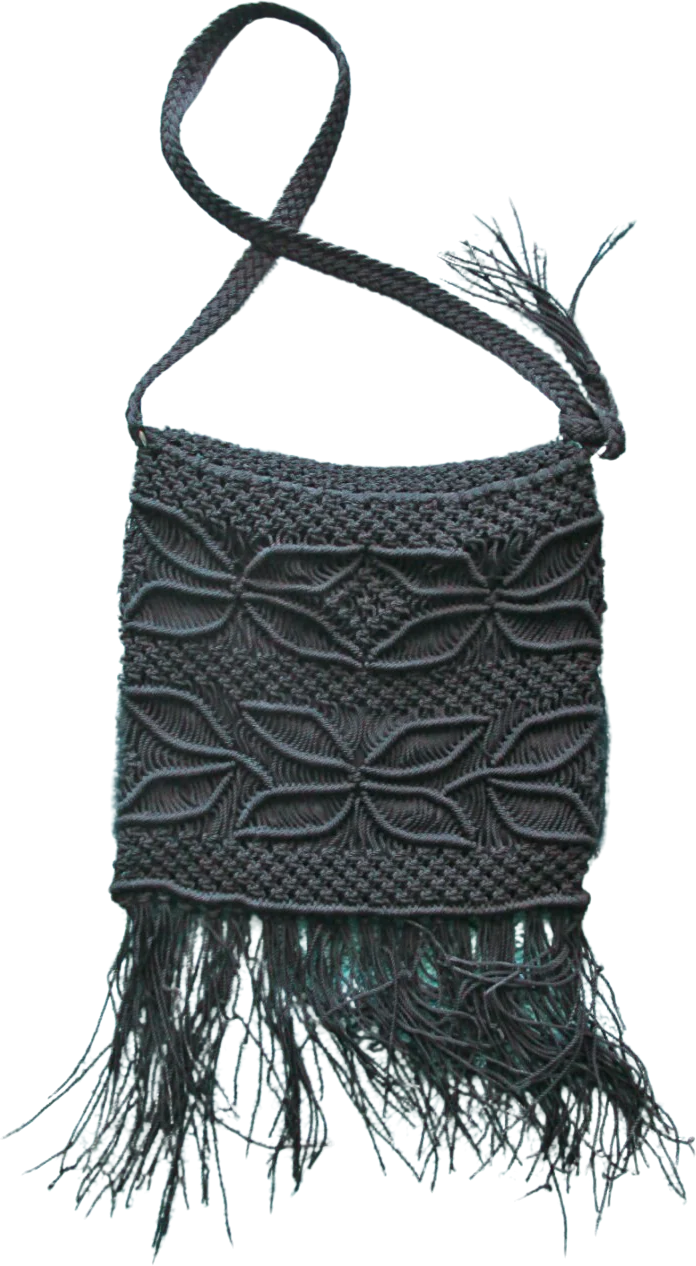 60s Black Fringed Macramé Shoulder Bag Hand Made