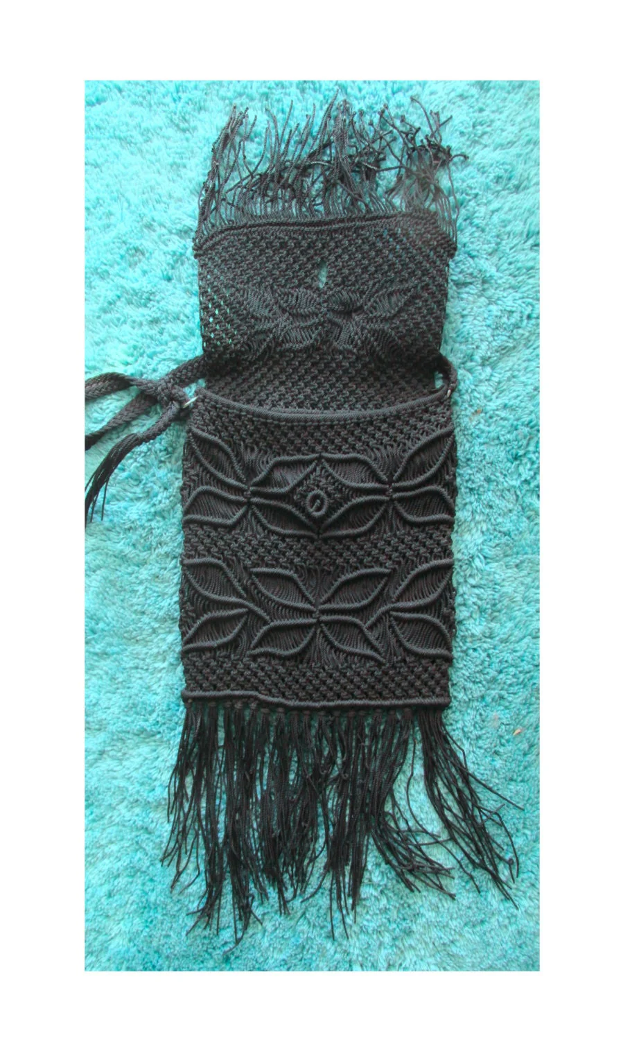 60s Black Fringed Macramé Shoulder Bag Hand Made - Image 4